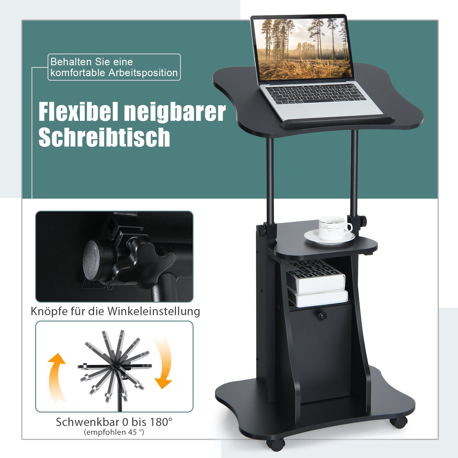 COSTWAY Mobiler Stehpult, höhenverstellbarer Rednerpult mit neigbarer Tischplatte & Schrank, Schreibpult zum Stehen oder Sitzen, Stehtisch auf Rollen für Heimbüro, Schwarz