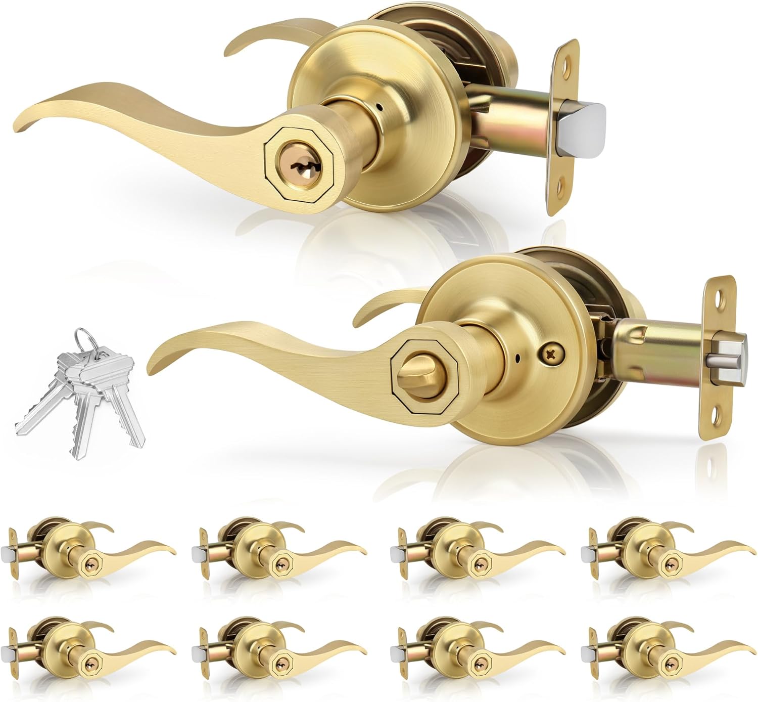 10 Pack Brushed Gold Door Handles Interior Wave Style Bulk（Keyed Alike）， Keyed Entry Gold Door Handles with Same Key and Lock, Reversible Door Lever for Bedroom、Bathroom、Closet, Satin Brass
