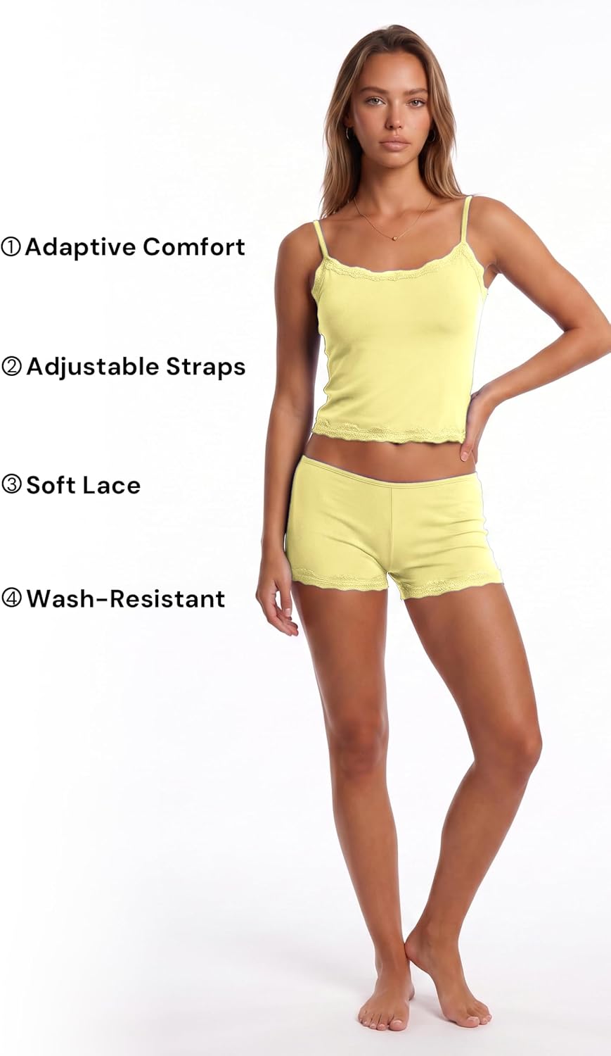 sissycos Women's Lace Trim Pajama Set, Cami and Low Rise Shorts 2 Piece Sleepwear, Spaghetti Strap Soft Stretch Lounge Set