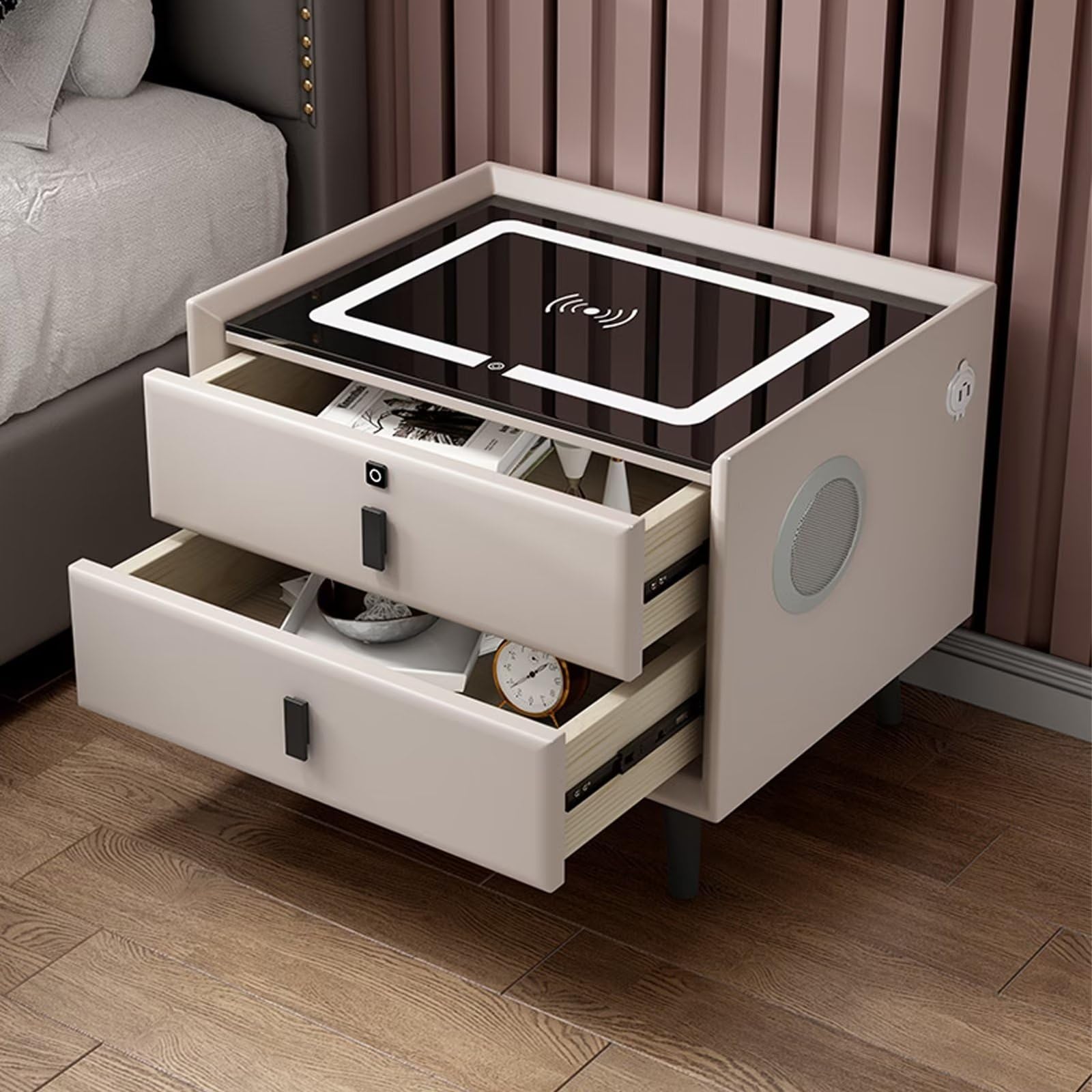 Inteligentna szafka nocna z bezprzewodowym ładowaniem Blokada linii papilarnych Głośnik Bluetooth i miejsce do przechowywania mebli do sypialni i salonu - nowoczesny design i wielofunkcyjność