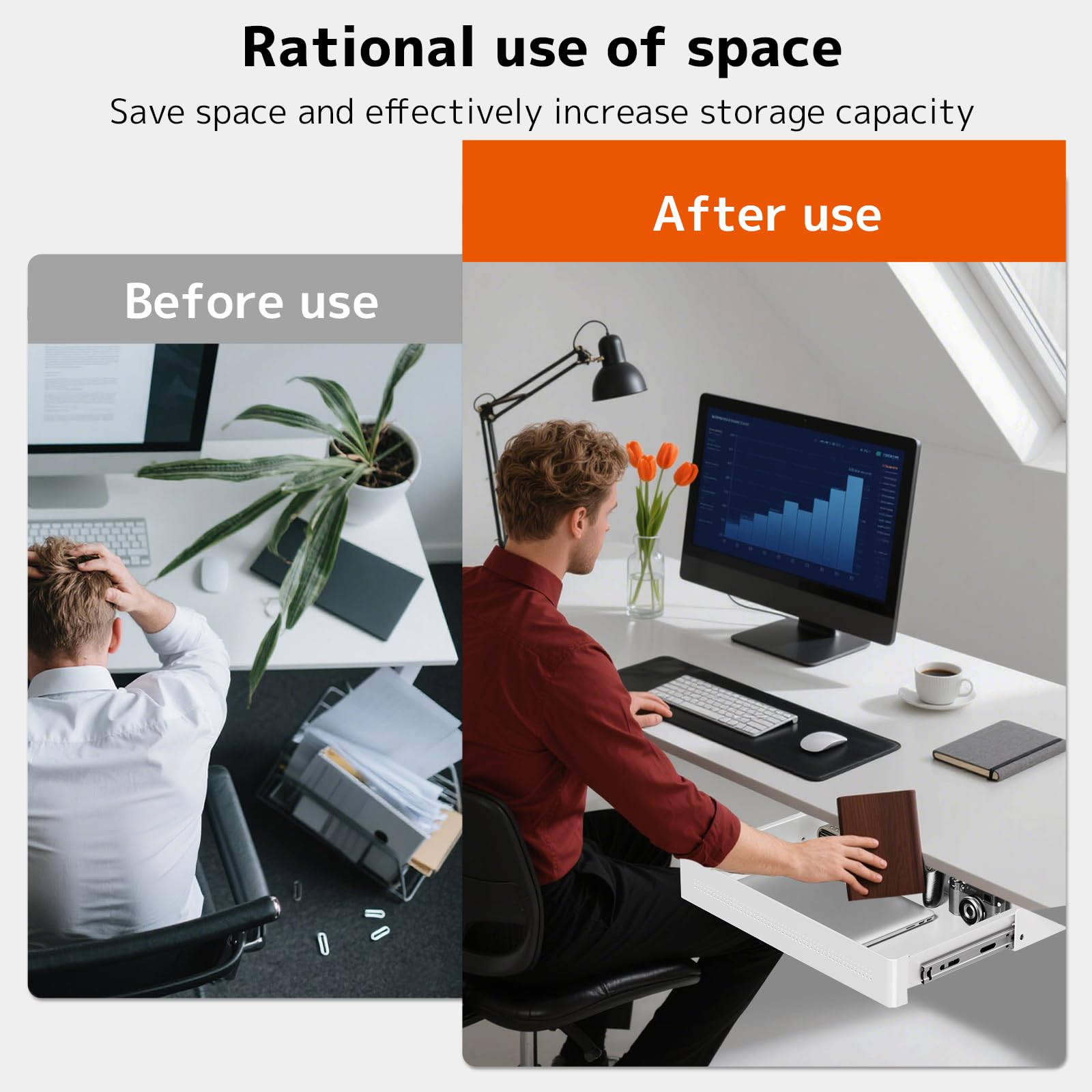 Tiroir de Rangement sous Bureau 400mm de large,Charge Max 8 kg | Organisateur Coulissant Fluide pour Bureau Assis-Debout et Bureau à Domicile,Glisse Silencieuse,Blanc