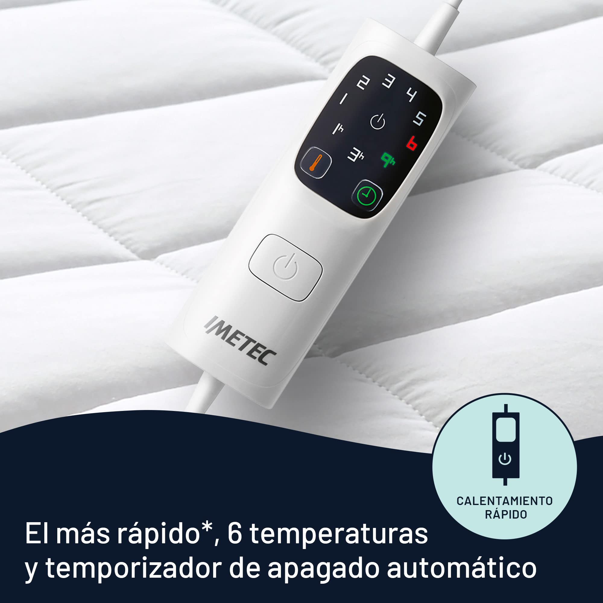 Imetec Adapto - Calientacamas cubre colchòn Maxi Doble 195 x 165 cm, Calentamiento Rápido, Temperatura Constante y Personalizada, 100% Algodón Percal Acolchado, Doble Control, 6 Temperaturas