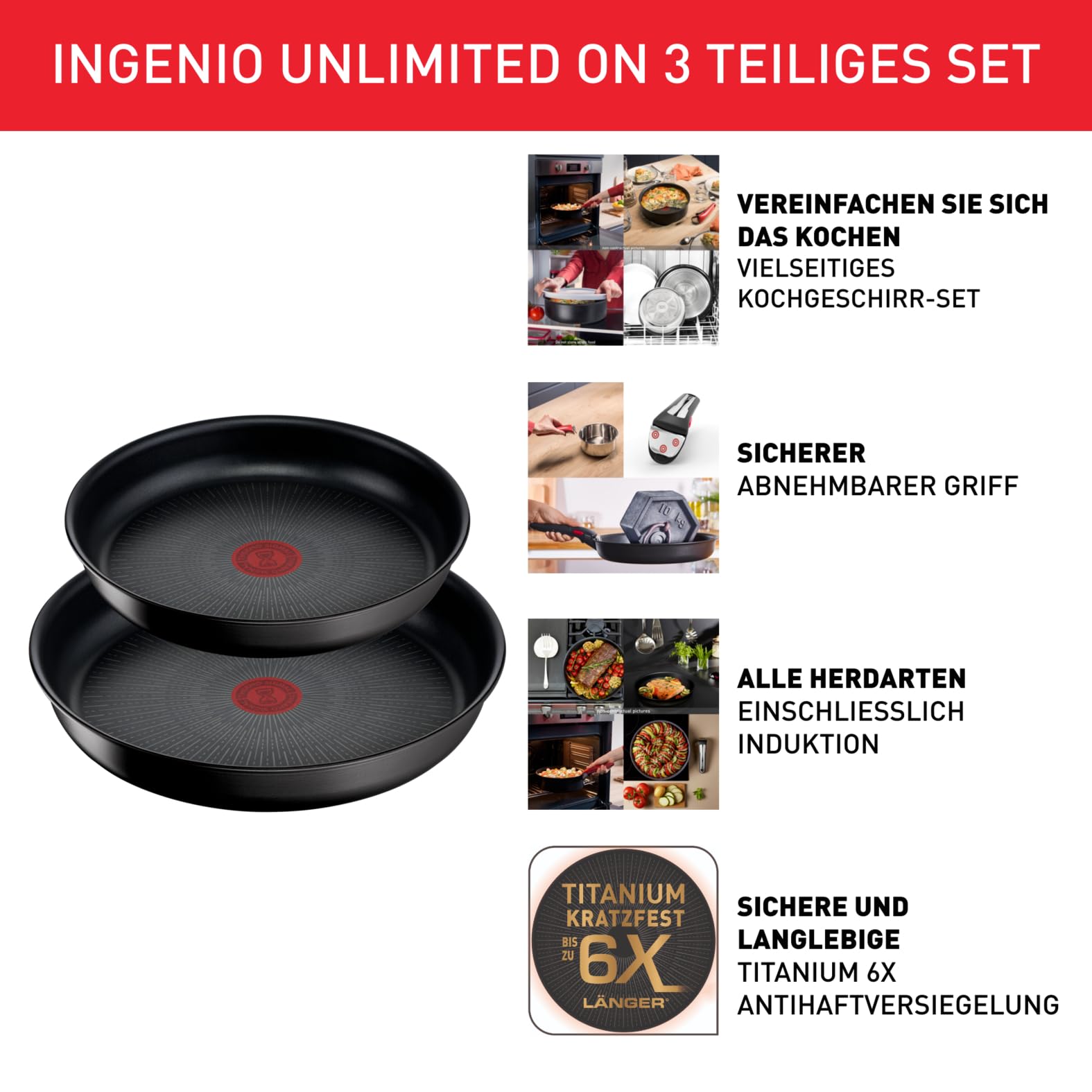 Tefal Ingenio Unlimited On 3-teiliges Pfannenset abnehmbarer Griff, 24/28 cm, platzsparend, stapelbar, Pfannenset Induktion mit Antihaftversiegelung, einfache Handhabung und Reinigung, L39591