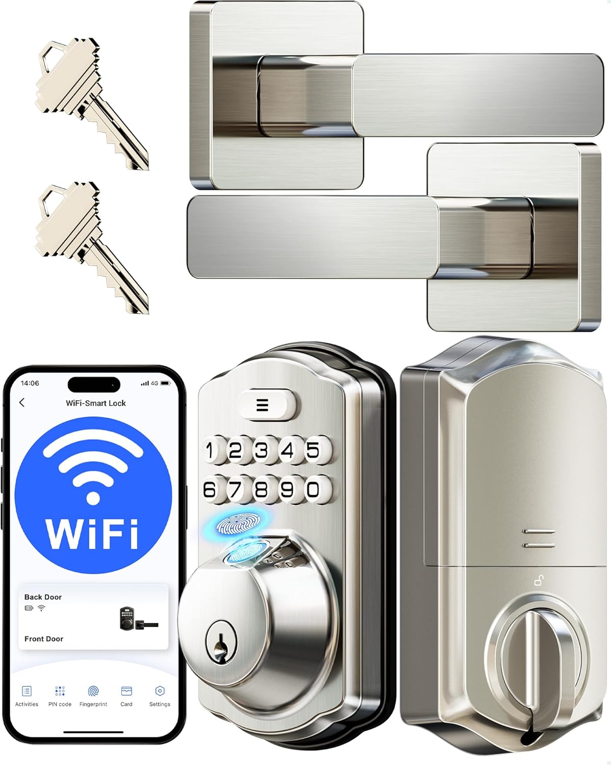 Veise VE012W-L Built-in WiFi Fingerprint Smart Lock with Lever Handle Set, App Remote Control, Keyless Entry for Front Door, Deadbolt Digital Backlit Keypad, Voice Assistant, Auto Lock, Satin Nickel Veise VE012W-L Built-in WiFi Fingerprint Smart Lock with Lever Handle Set, App Remote Control, Keyless Entry for Front Door, Deadbolt Digital Backlit Keypad, Voice Assistant, Auto Lock, Satin Nickel