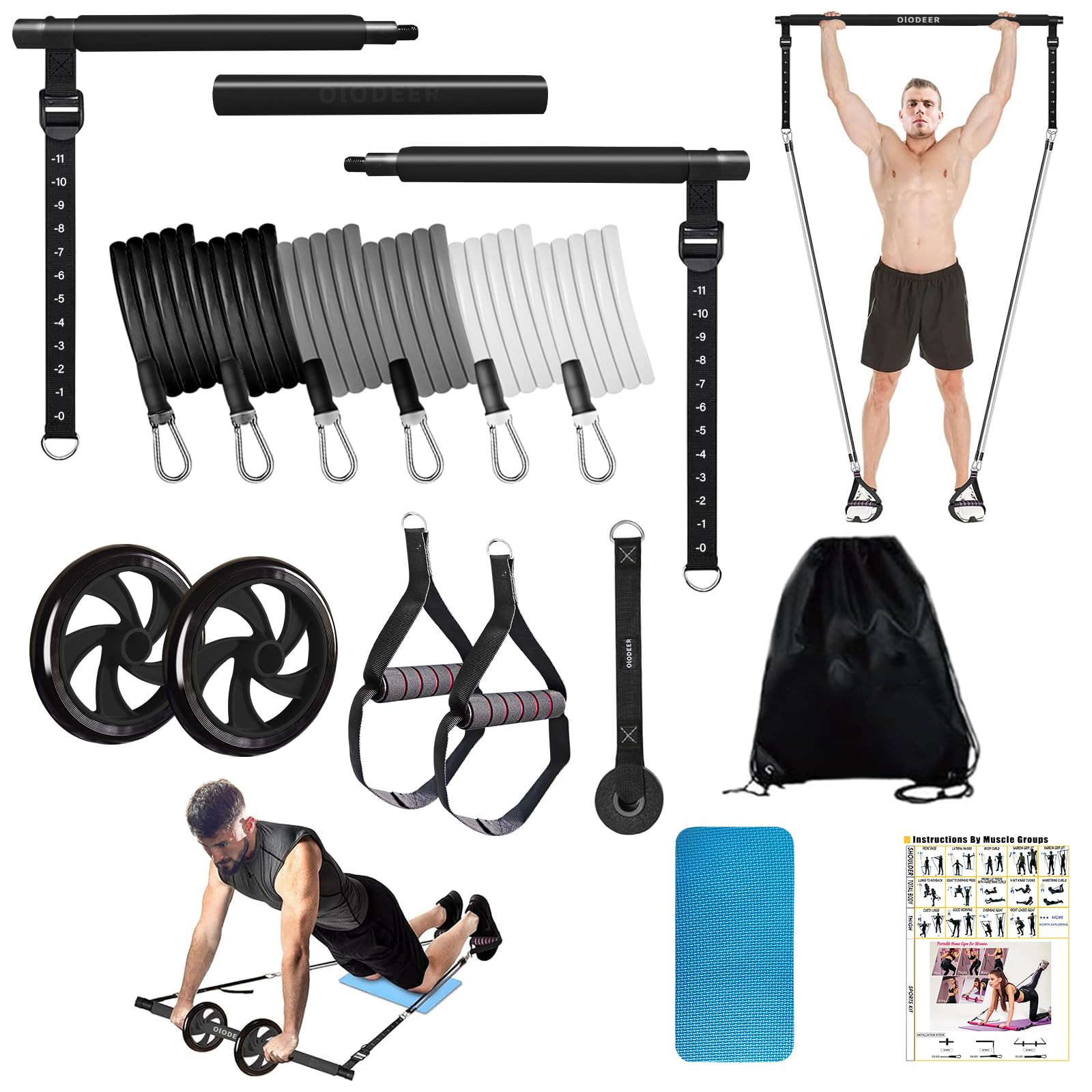 Pilates Bar Kit with Resistance Bands for Working Out, Pilates Equipment with Ab Roller for All Fitness Levels, Portable Home Gym Full Body Workout
