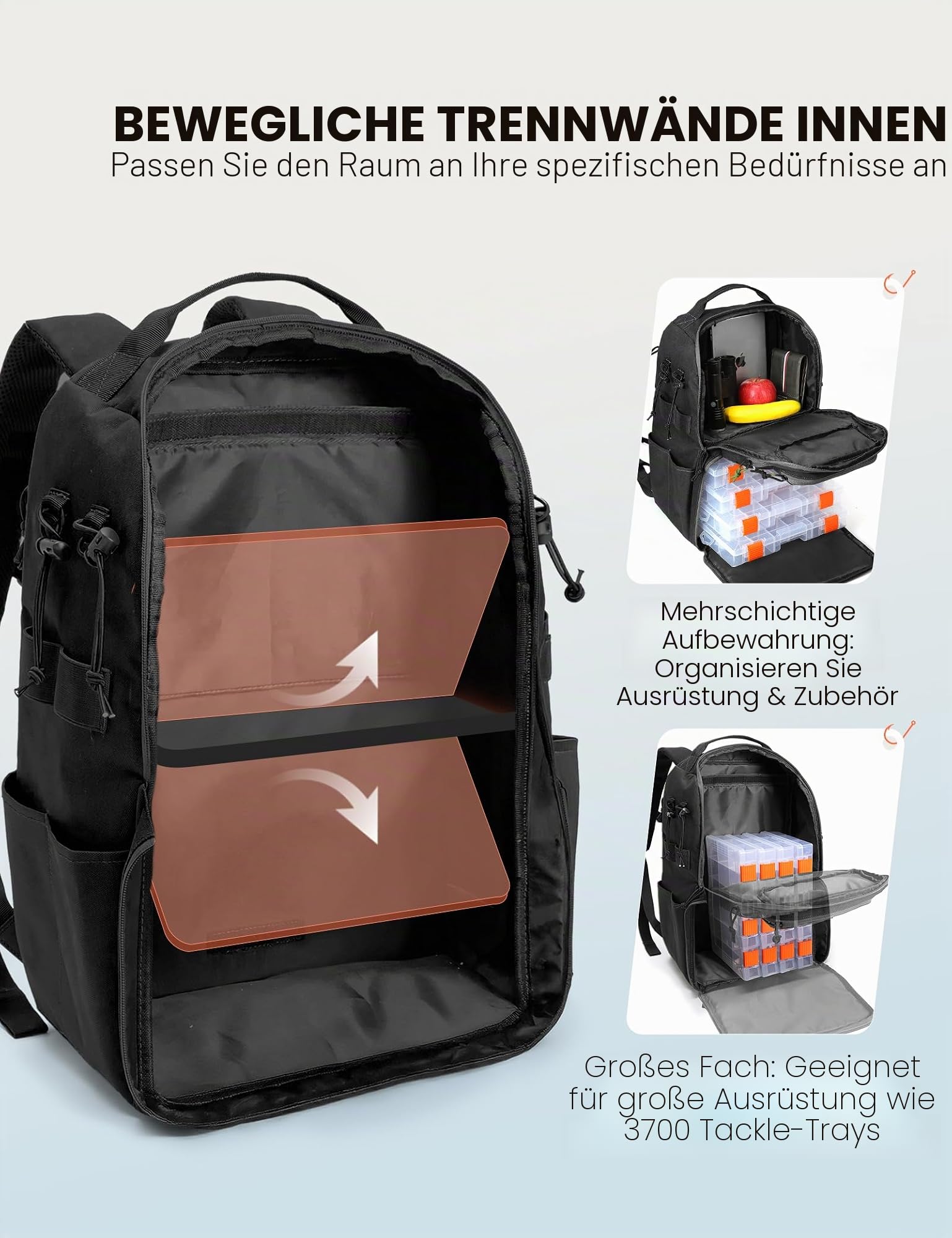 SKYSPER Angelrucksack mit Rutenhalter, 40-Liter Angeln Rucksack mit Verstellbarem Fach für Angeln