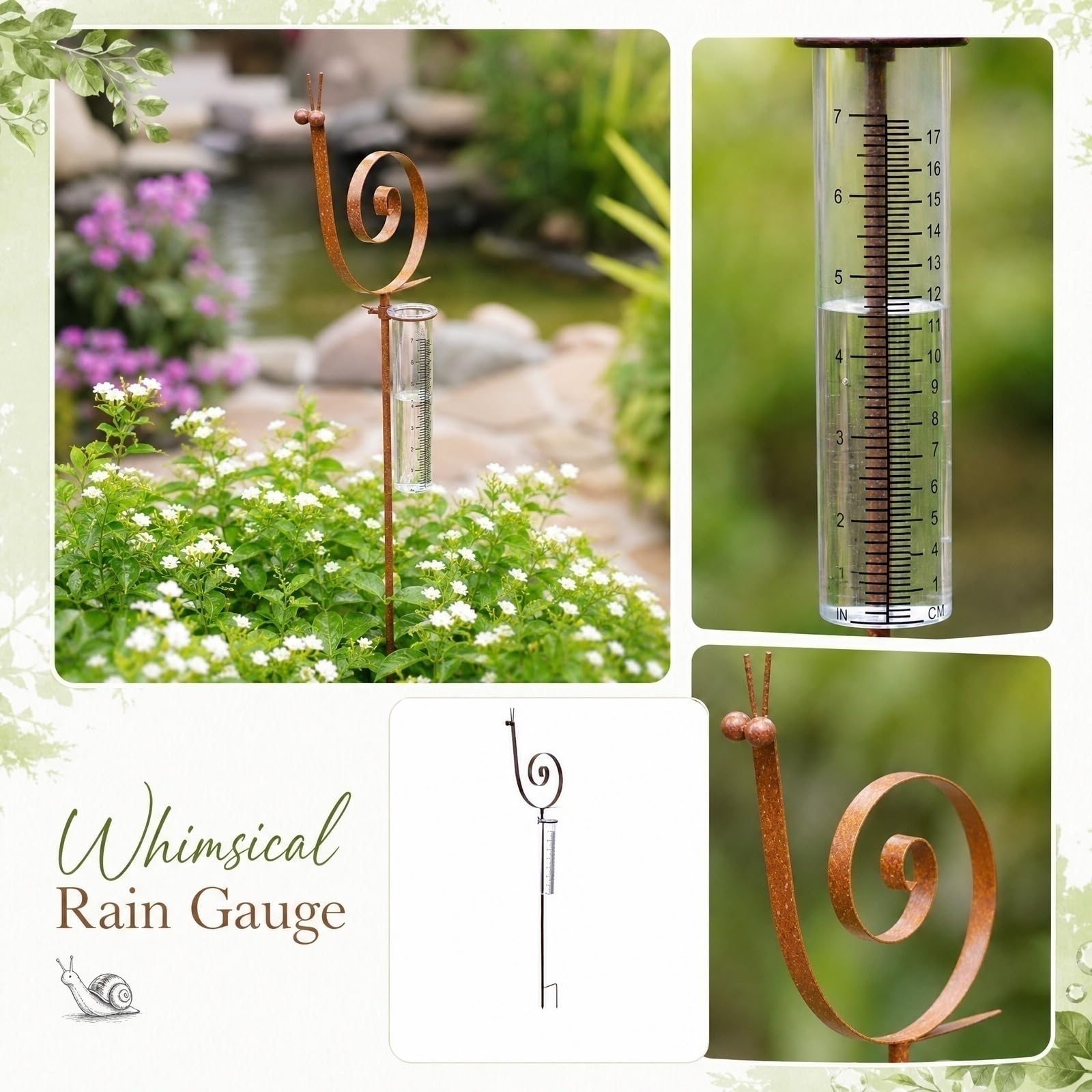 Gartenstecker Rost Regenmesser Schnecke, Gartendeko für Draußen Wetterfest Edelrost Niederschlagsmesser mit Messglas, Rustikale Gartendeko Rost Metall Tierfigur für Beet Balkon Rasen, 93cm (A)
