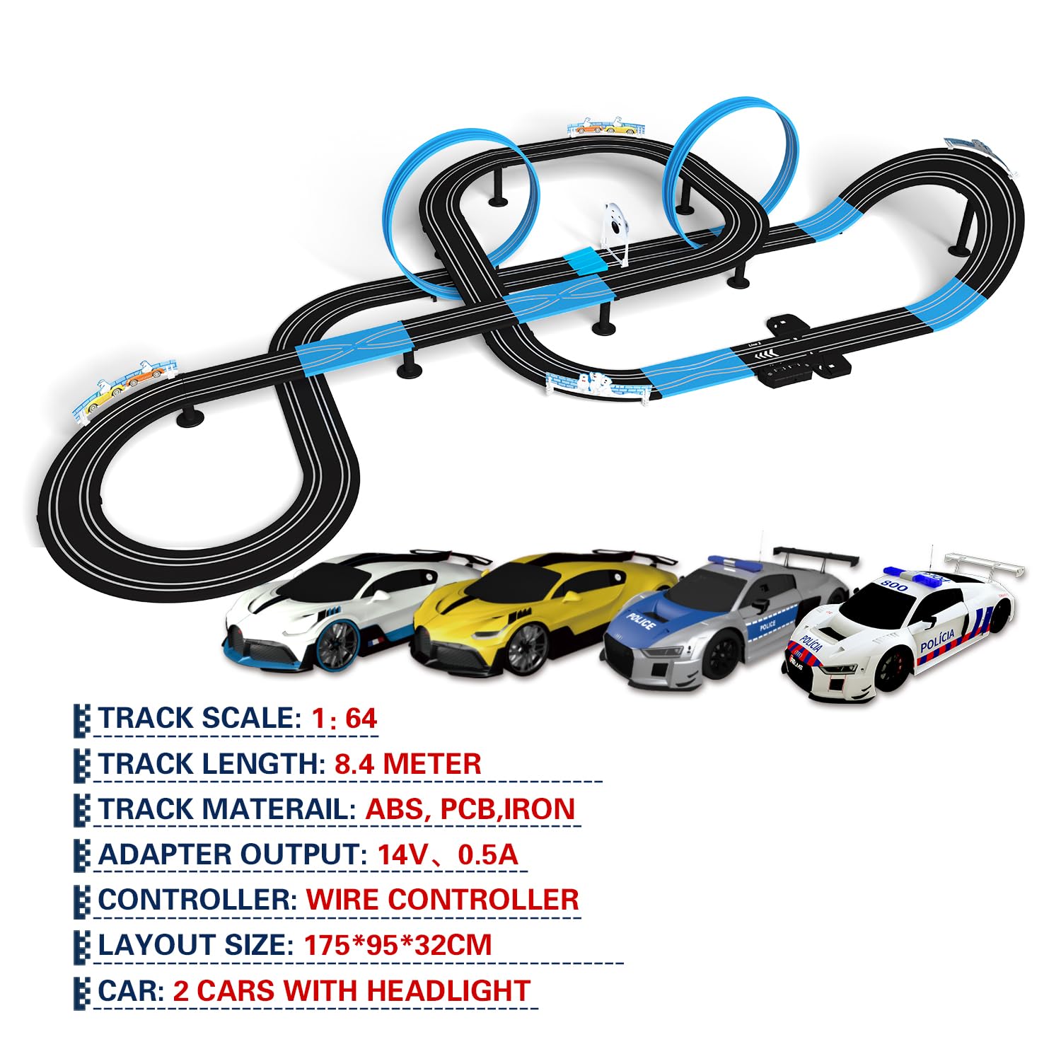 AGM MASETCH High Speed Series Tram Dual Track Set, Piste électrique de 8,4 m avec 4 véhicules de Course de Voitures à sous, livré avec 2 Commandes manuelles et pièces de Piste et Un Compteur de Tours