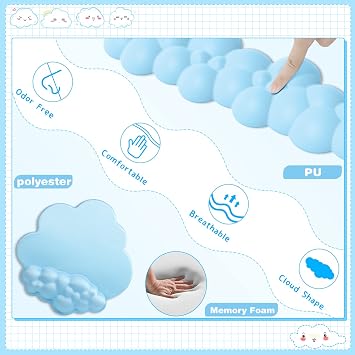 Cloud Keyboard Wrist Rest Mouse Pad Cup Coaster Set, Ergonomic Memory Foam Wrist Support Polyester Mouse Pads with Wrist Rest, PU Leather Non-Slip Base Rest for Computer Laptop Gaming Typing-Sky Blue
