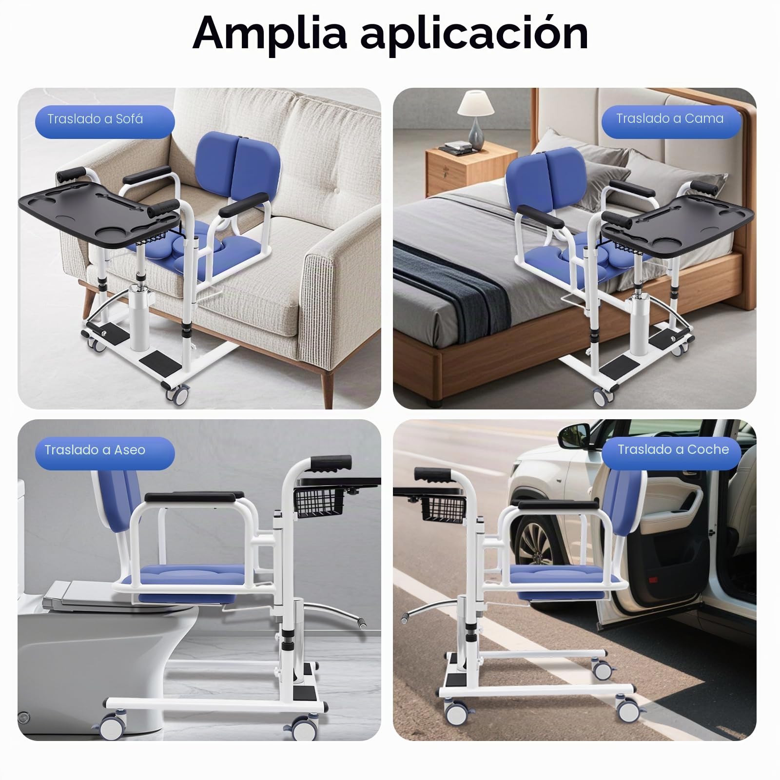 Elevador de pacientes hidráulico para el hogar, altura ajustable, asiento dividido de 180°, silla de ruedas portátil para enfermos, ancianos, discapacitados, mujeres embarazadas, color azul