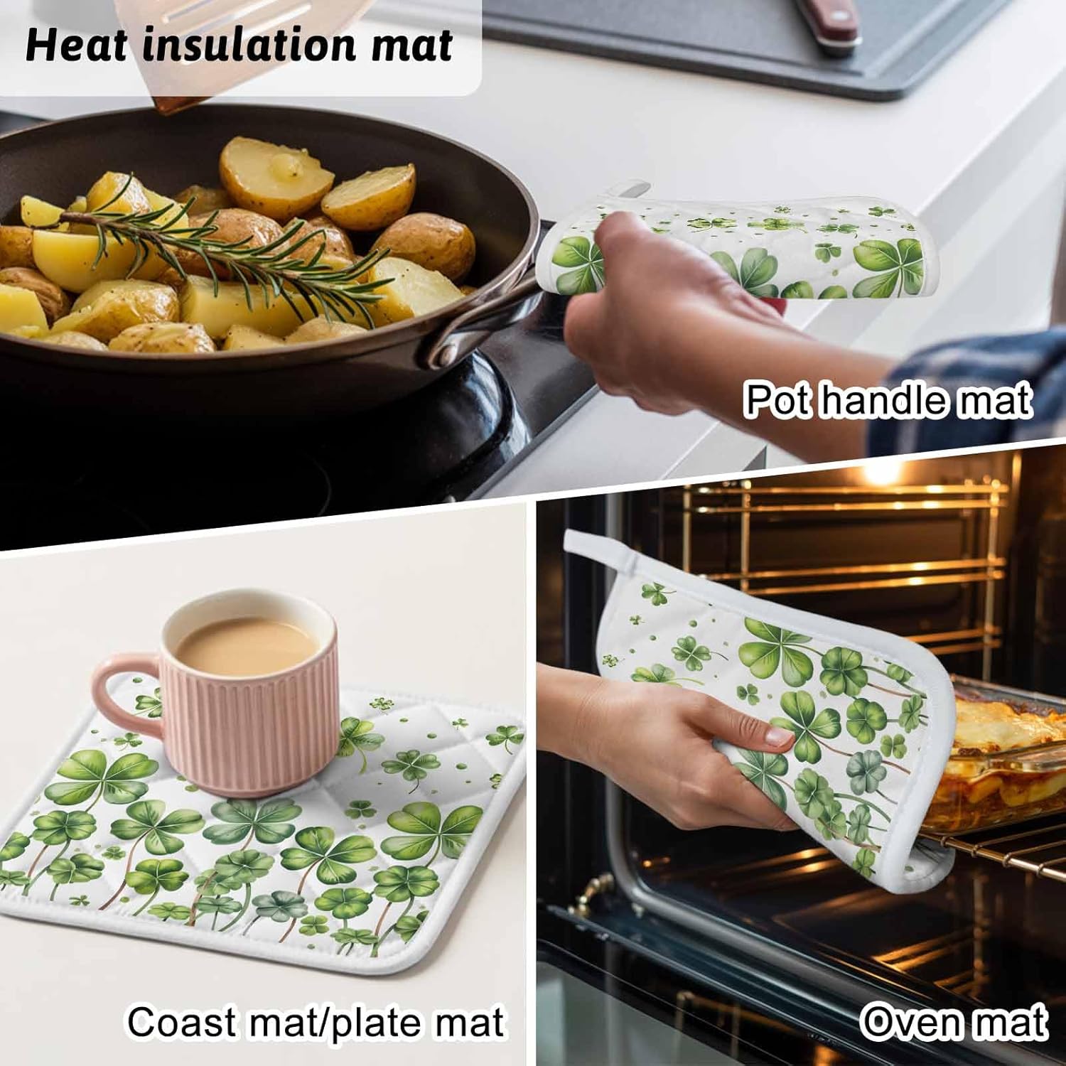 5 Pack Pot Holders for Kitchen, St. Patrick's Day Hot Pads for Kitchen Countertops Oven Pot Holder Bulk, Spring Sage Green Four Leaf Grass Heat Insulation Potholders with Hanging Loops