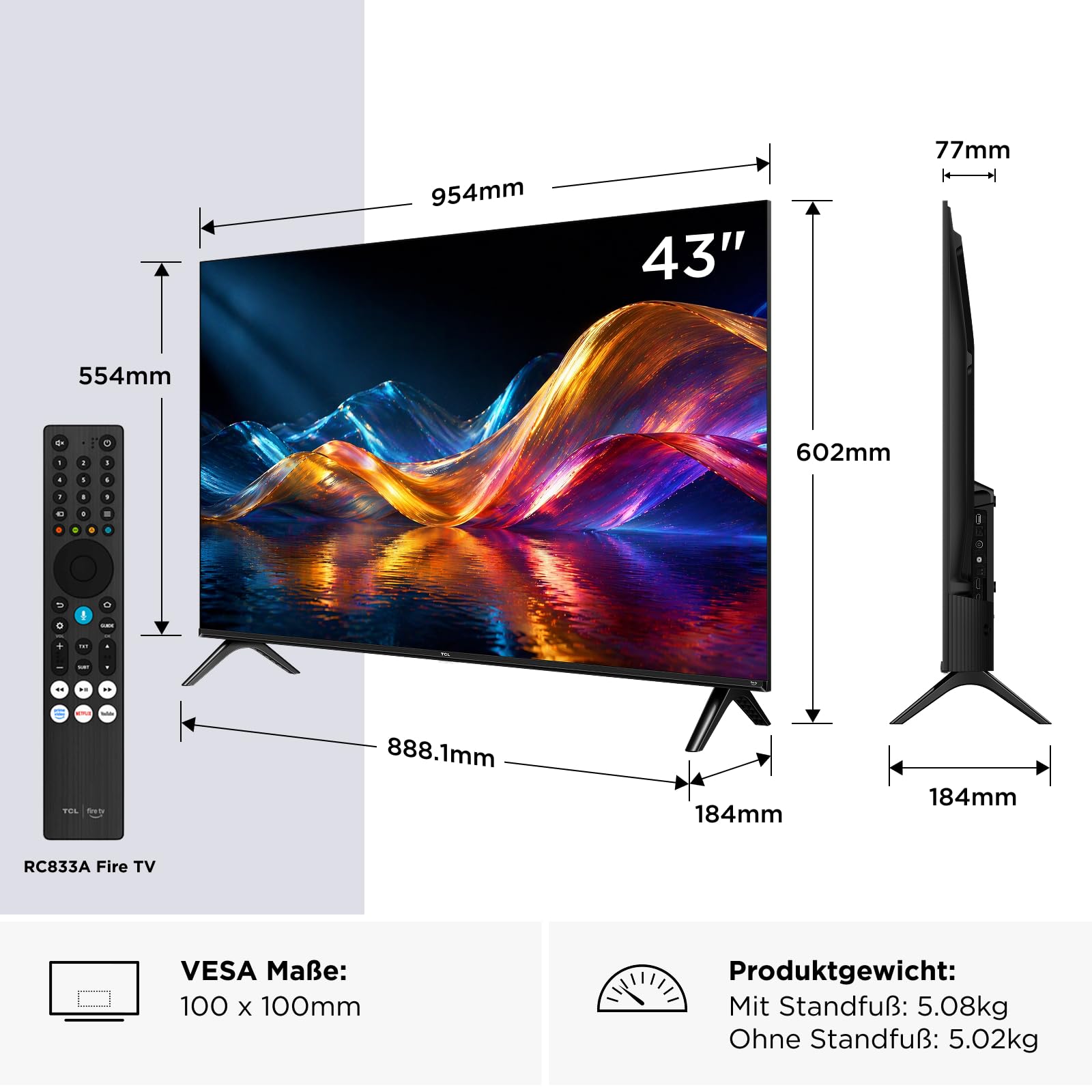 TCL 43V5D – 43 Zoll Full HD, QLED, HDR, Direct LED, Fire TV, Press and Ask Alexa, AirPlay 2, Rahmenloses Design in Metall-Optik