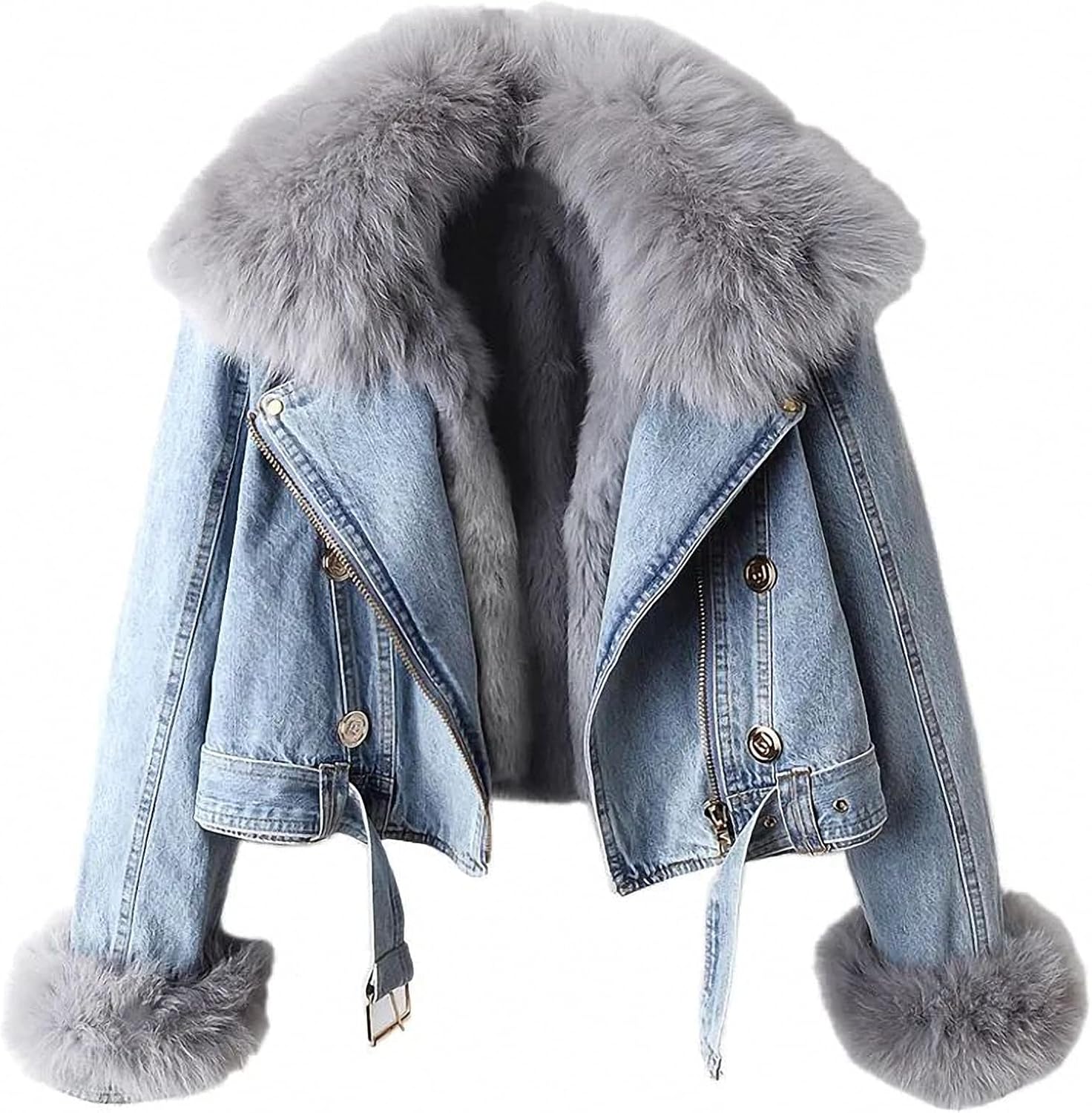 Cropped Jean Jackets for Women Fur Fleece Lined Denim Jean Jacket Long Sleeve Coats with Detachable Faux-Fur Collar