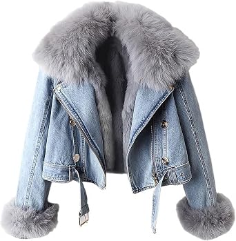 ZWRXW Cropped Denim Jacket for Women Faux Fleece Lined Denim Jackets Winter Warm Coat Parka with Detachable Faux Fur Collar