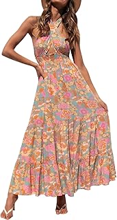 Women's 2025 Summer Crossover Halter Neck Sleeveless Plaid Cut Out Backless Flowy A Line Maxi Dress - Buy now