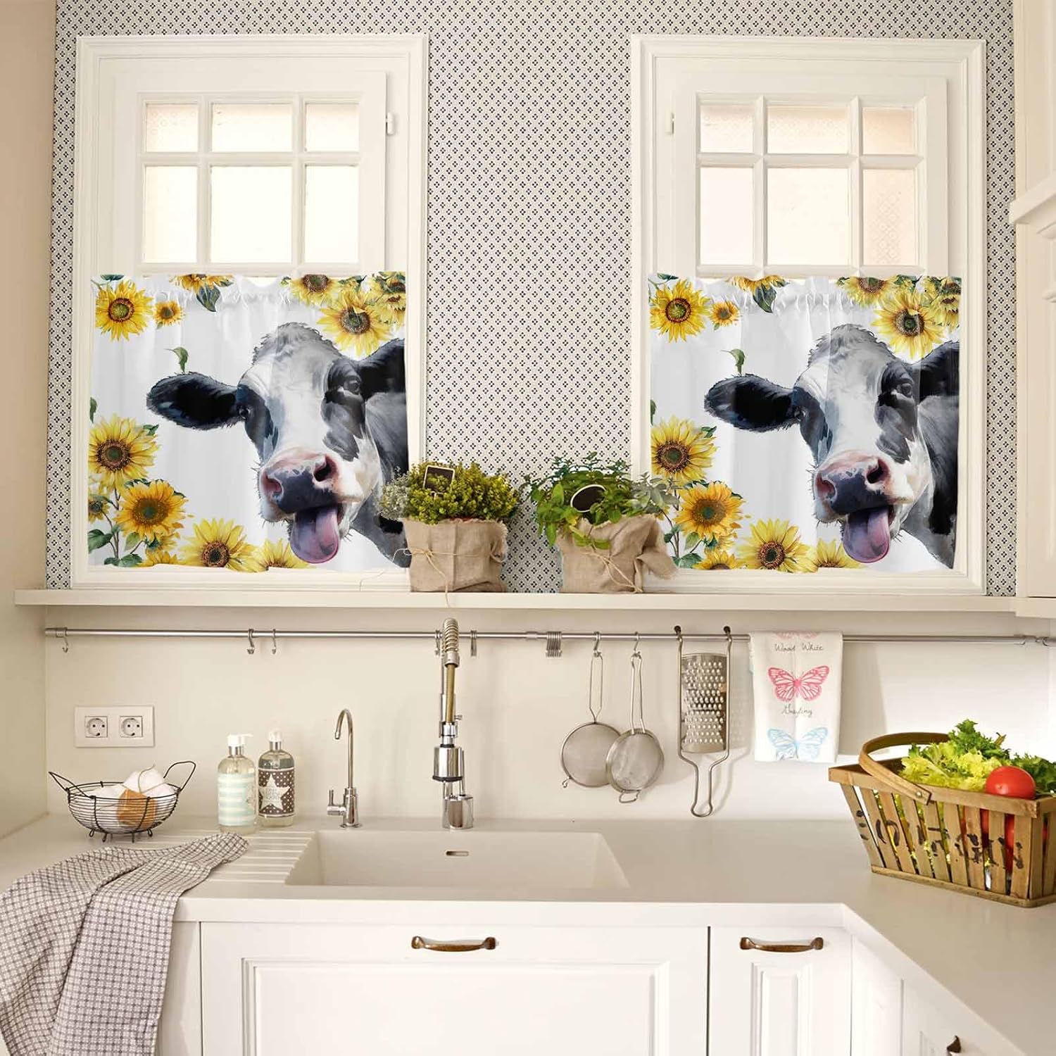 Farmhouse Cow Sunflower Vintage Window Curtain Panels Set of 2,Rod Pocket Drapery Curtains for Kids Bedroom Living Room Kitchen Basement,Washable Valance Window Drapes,Winter Retro Floral,27.5x36inch