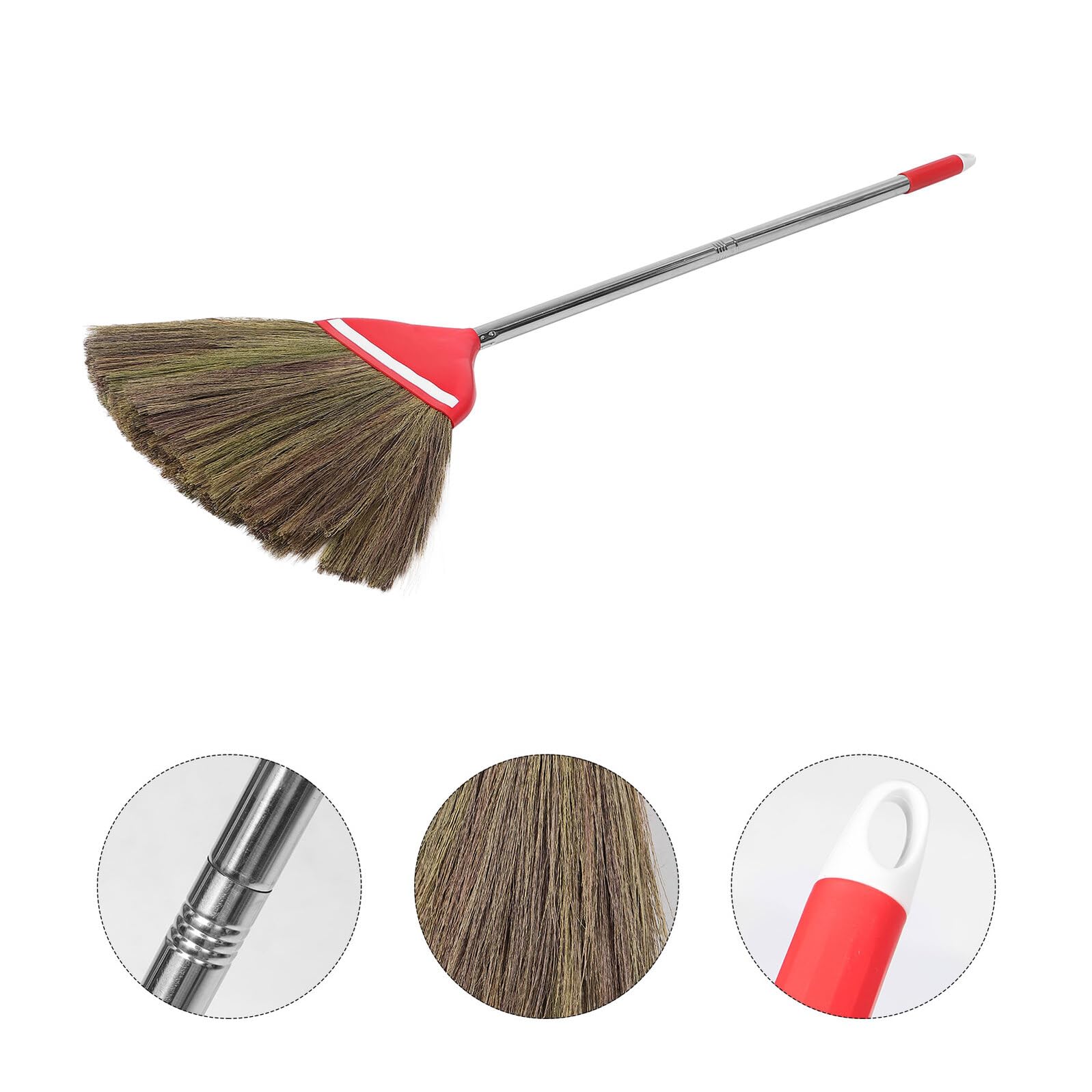 Escoba de Mano de Paja Natural Trenzada a Mano 106 CM Mango Doble Rojo Escoba Asiática para Barrer Interiores y Exteriores Cepillo para Pisos de Madera y Patios