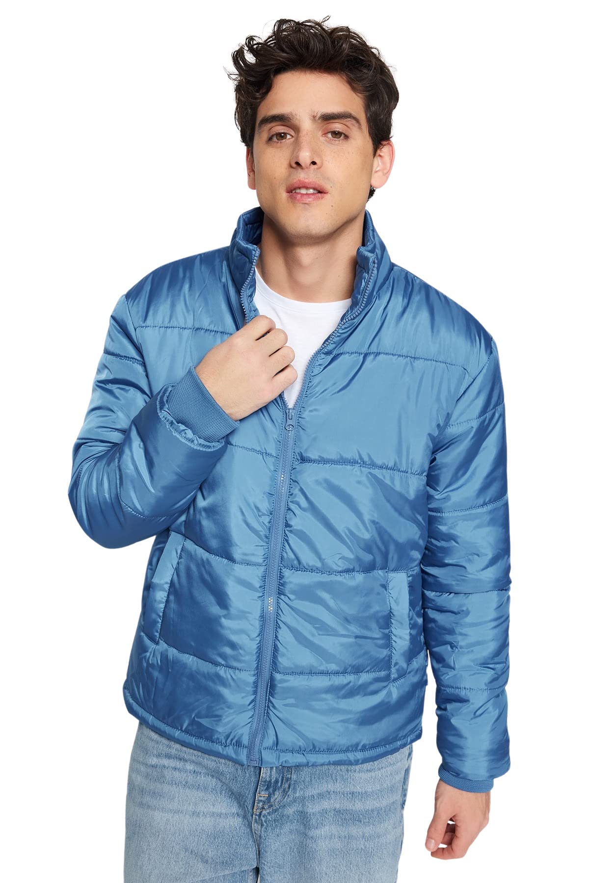 Trendyol Men's Man Regular fit Basic Standing Collar Woven Jacket Outerwear, Oil, S