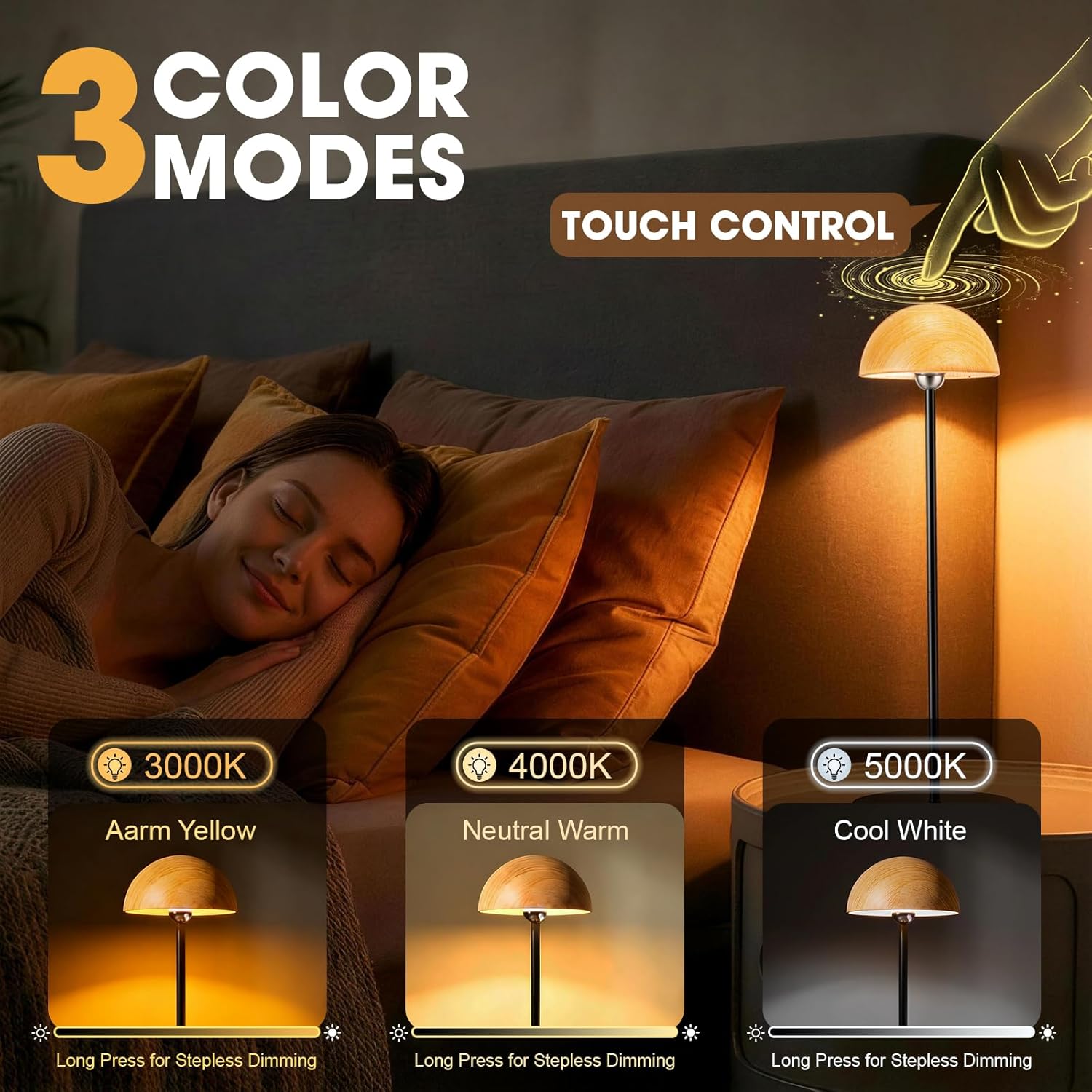 Rechargeable Table Lamps, Portable Table Lamps for Living Room, Farmhouse, Bedroom, Touch Bedside Lamp for Nightstand,Desk Lamp for End Table Home Decor,3-Color stepless dimming, Set of 2