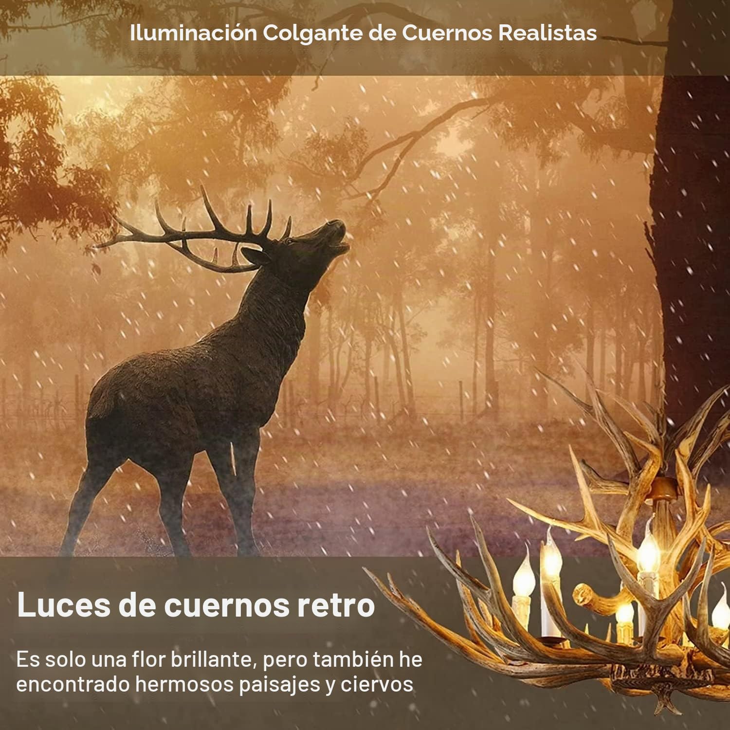 Lámpara de araña de asta de Ciervo, Estilo Vintage, de Resina, con 8 Luces, Ideal para Sala de Estar, cabaña, Comedor, cafetería y Cocina.