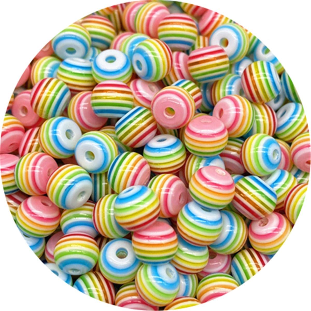 100 Perline Di Plastica Arcobaleno A Strisce – 8mm R Tonde Per Braccialetti E Gioielli Fai Da Te