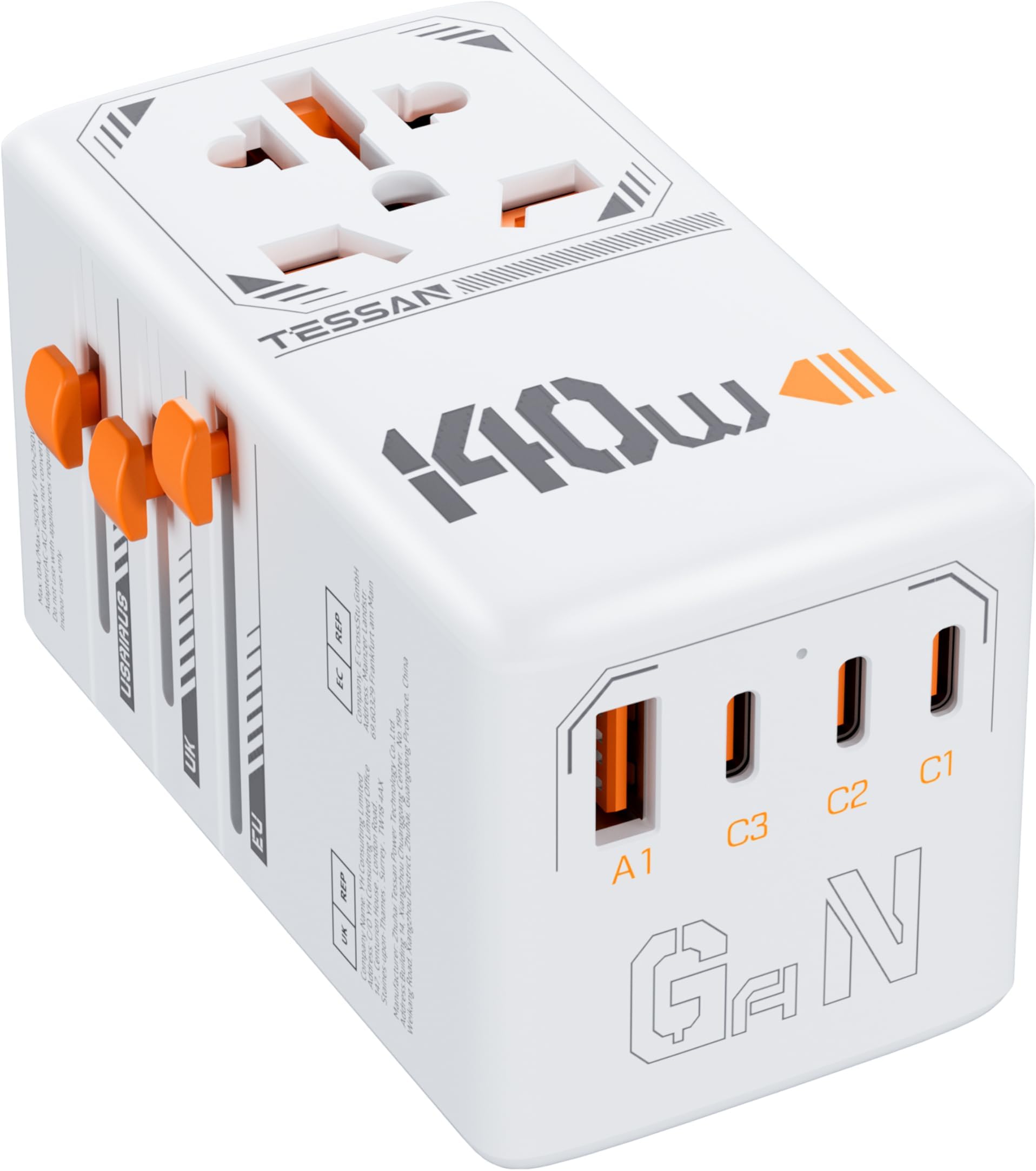 TESSAN Universal Travel Adapter Worldwide 140W, GaN International Plug Adaptor with 1 USB A and 3 USB C Charging Ports, Power Outlet for US to Europe UK AUS Ireland(Type C, G, A, I), White