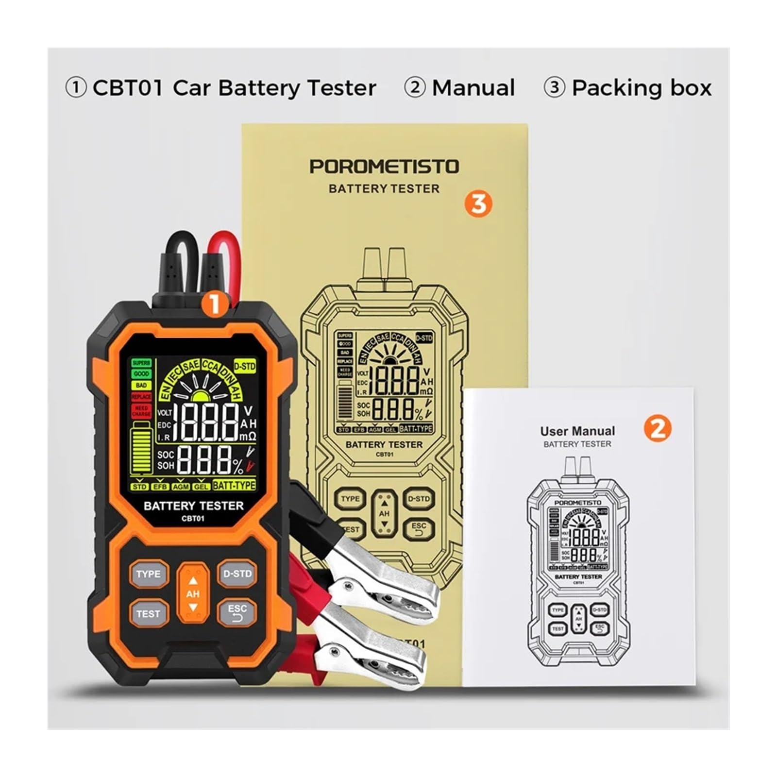 Tester baterii, CBT01 12V/24V Cyfrowy tester akumulatorów samochodowych DC 8-30V Narzędzie we do samochodów, motocykli, łodzi, SUV-ów, ciężarówek Analizator akumulatorów kwasowo-ołowiowych