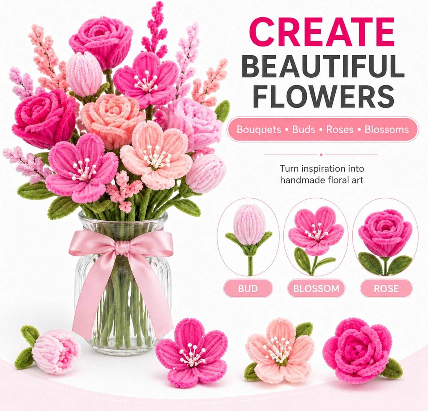 600 Pcs Pipe Cleaners for Crafts, Chenille Stems Bulk in 6 Shades of Pink, Craft Supplies for DIY Flowers, Handmade Crafts, Party Decor
