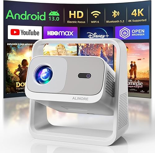 Proyector inteligente con WiFi y Bluetooth, aplicaciones integradas, enfoque eléctrico y proyector portátil Keystone automático para exteriores,