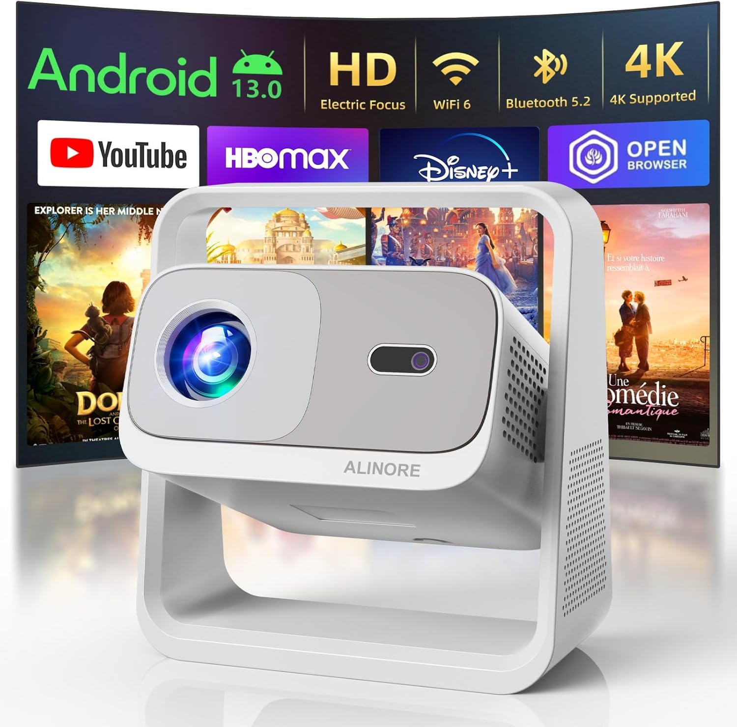 Smart Projector with WiFi and Bluetooth Built-in Apps Electric Focus Auto Keystone Portable Outdoor Projecor Native 1080P Projector