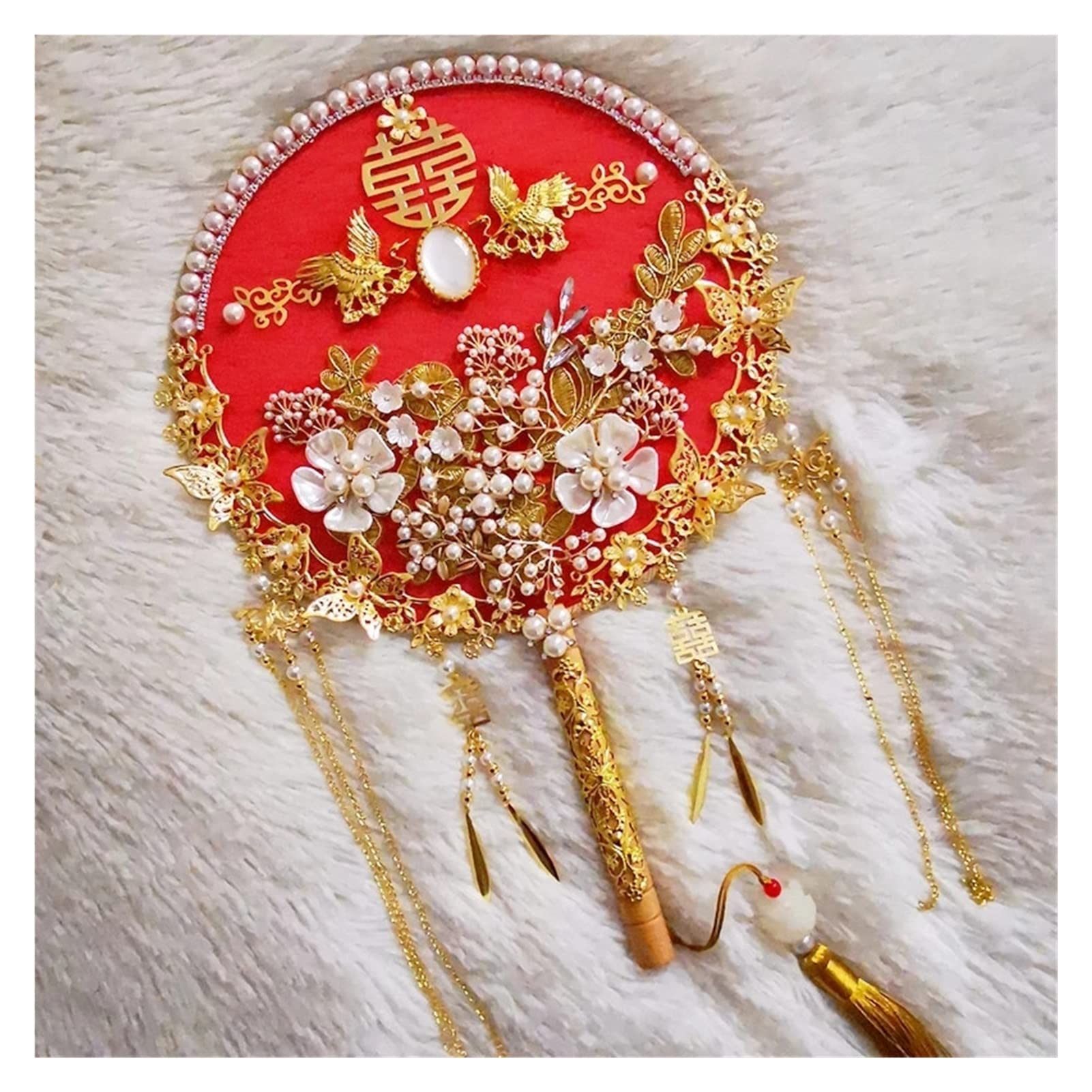 SUNMME Chinese Bridal Fan Bouquet Artificial Flowers Pearls Wedding Decorative Bride Photography Ornaments Home Decor (color : Wit) (Wit One Size)