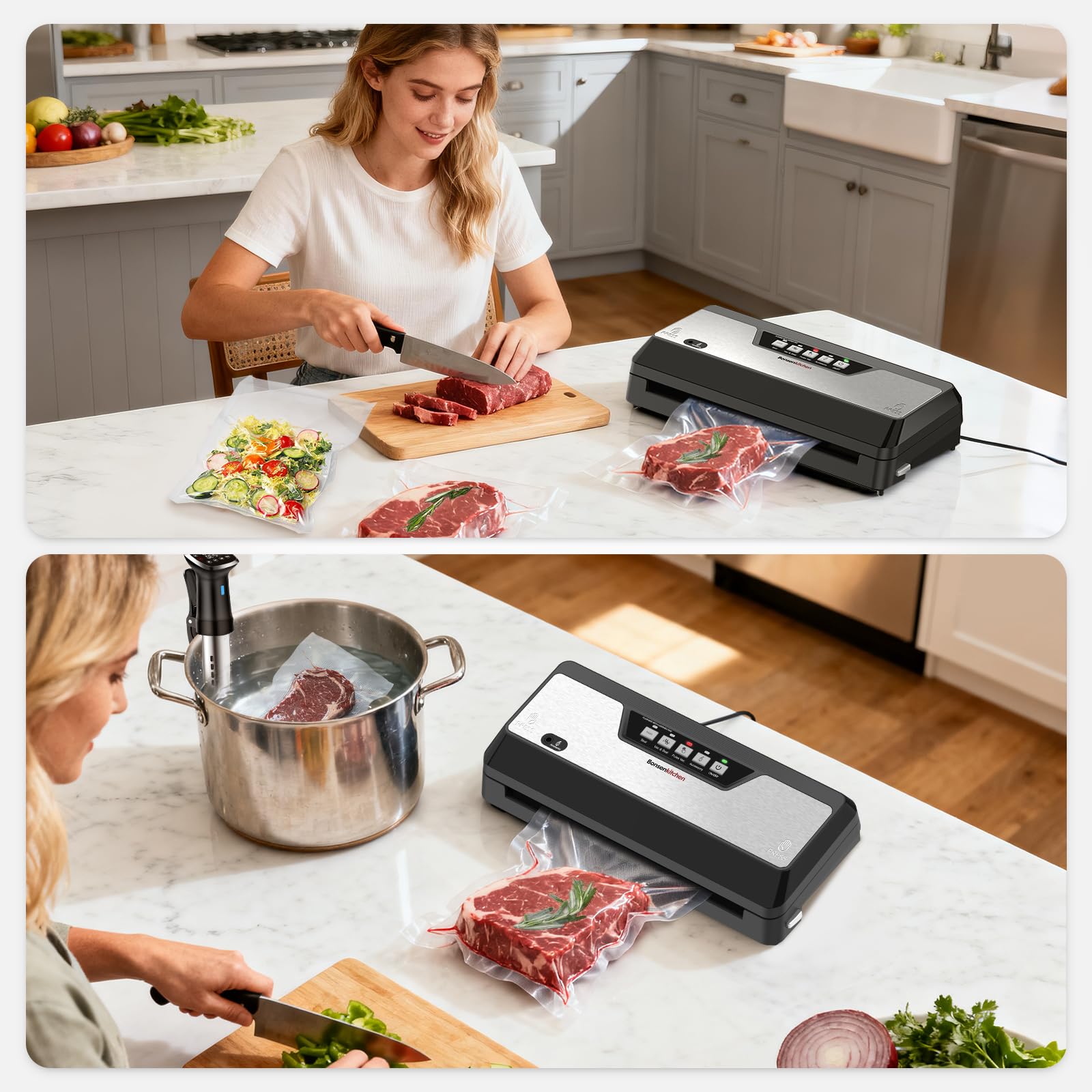 Bonsenkitchen Macchina Sottovuoto Alimenti, 125Watt, Taglierino Integrato | 4 Modalità di Funzionamento, Barra di Sigillatura Allargata, 1 Rotolo di Sacchetti, 5 Sacchetti Sottovuoto, VS3019