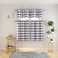 Vista 7 de Juego de 3 cortinas de cocina estilo campirano clásico con ventana de algodón y cenefa con ojales - Set de cenefa y volado a cuadros Buffalo en rosa