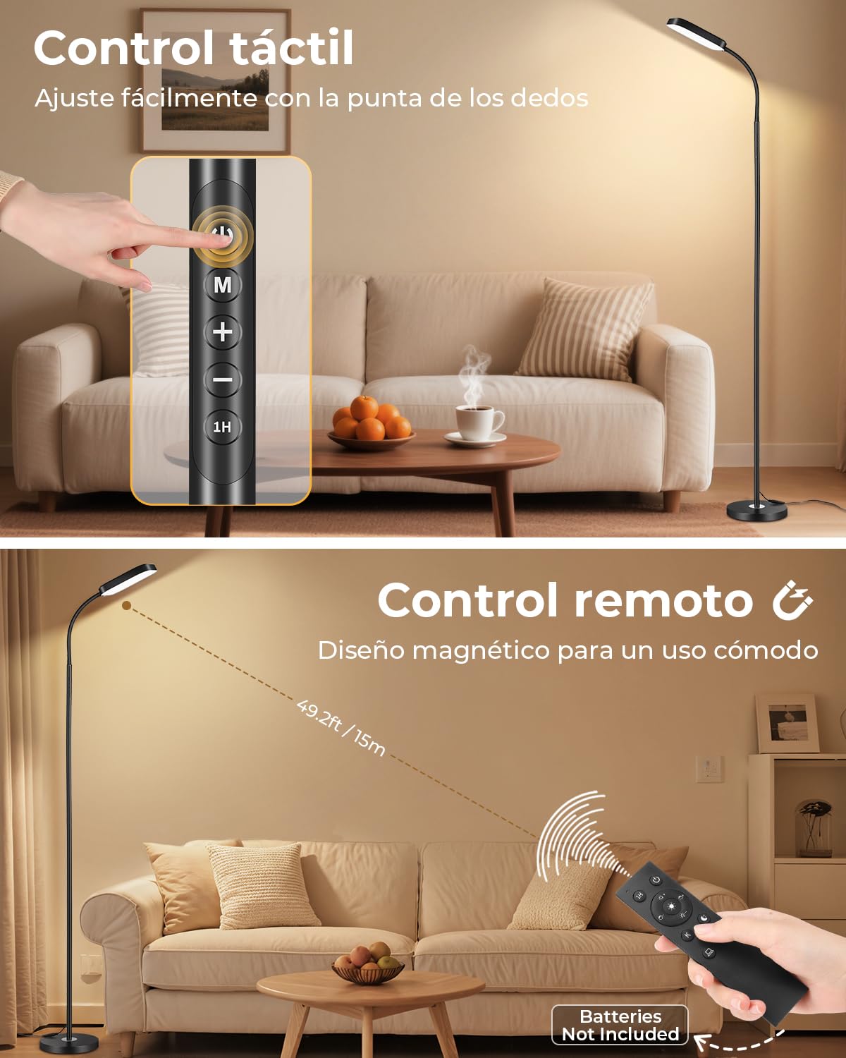 Lámpara de pie LED regulable 18W, 1850 lm – Lámpara de pie para salón con mando a distancia, 3000–6500K, lámpara de lectura moderna y regulable