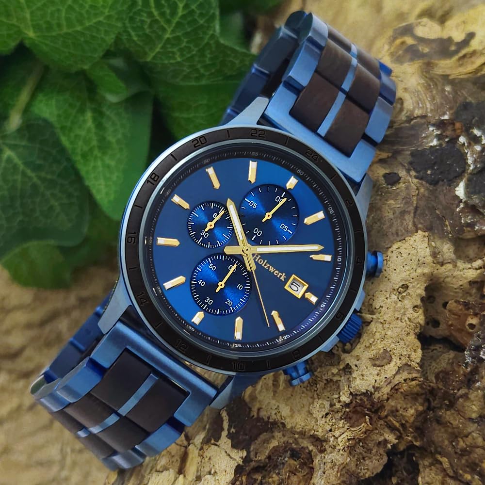 Holzwerk Germany Ręcznie wykonany designerski zegarek męski ekologiczny naturalny drewniany zegarek chronograf bransoletka zegarek analogowy zegarek kwarcowy niebieski brązowy data drewno tarcza,