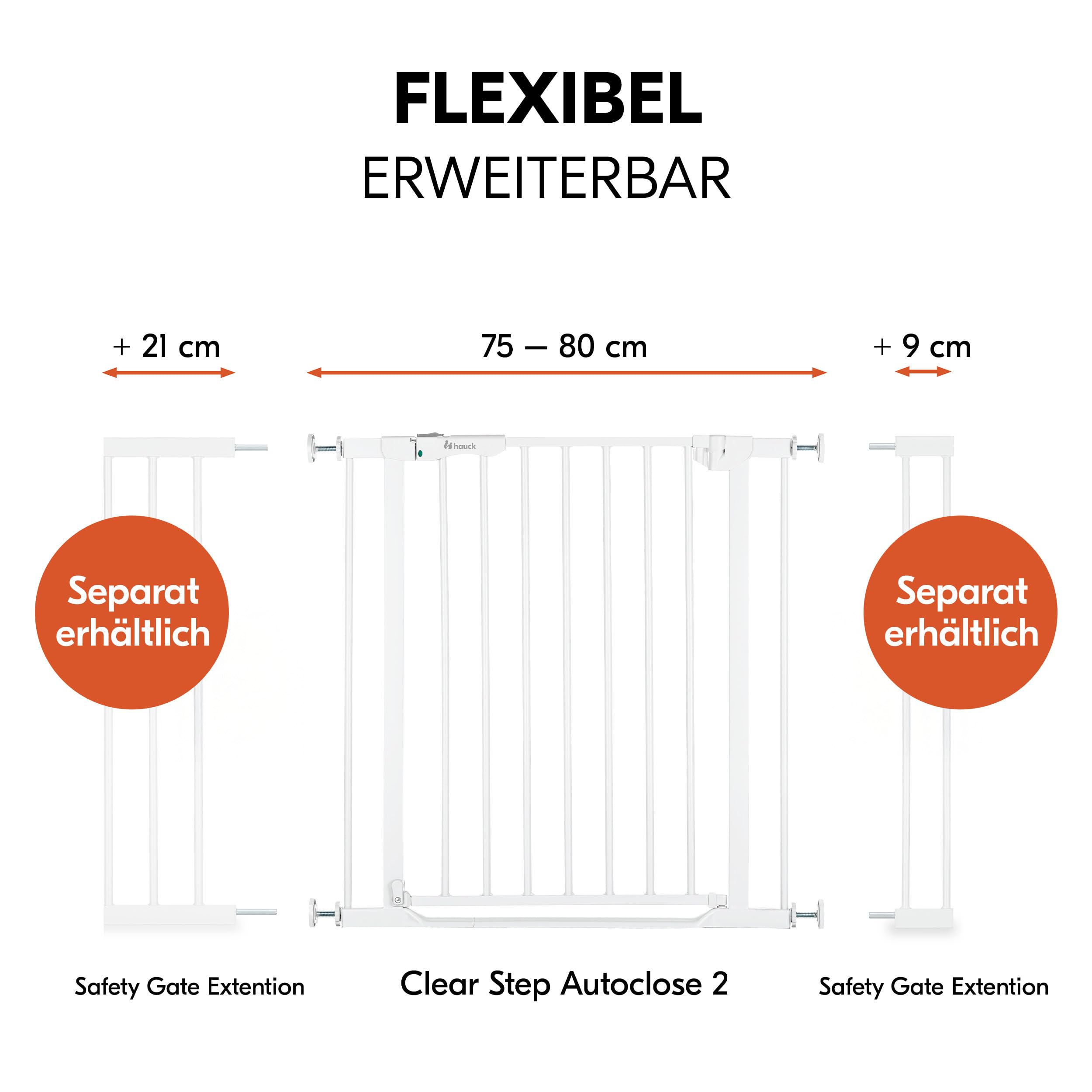 hauck Treppenschutzgitter Set Clear Step Autoclose 2 für Breiten 75-80 cm mit 3X Türstopper | Türschutzgitter mit fllacher Schwelle & Auto Schließmechanismus, ohne Bohren - Weiß