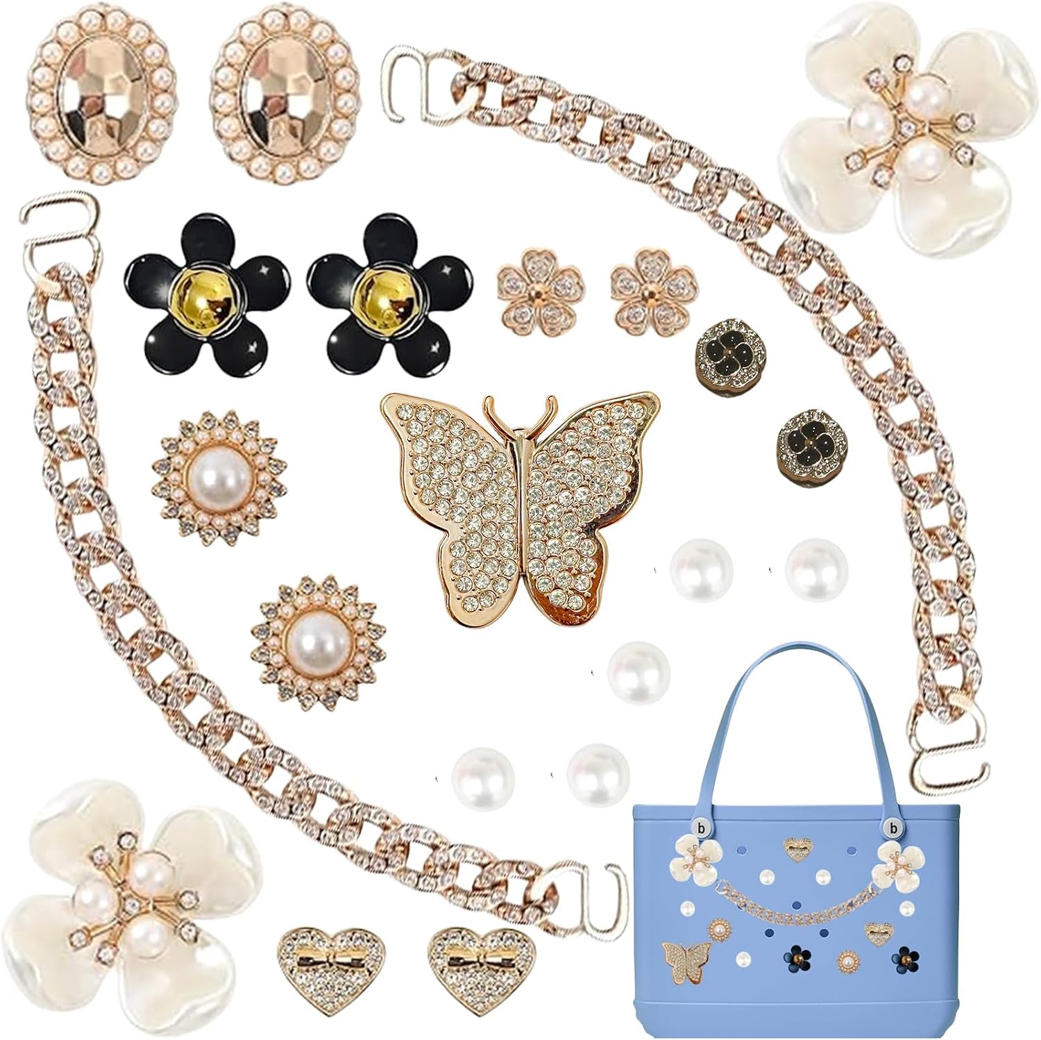22 Pcs Charms for Bogg Bag, Pearls,Butterfly Flowers and Chain for Bogg Bag Accessories Charms, Compatible with Simply Southern Beach Tote, Insert for Beach Tote