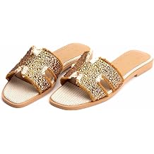 XOBZJH Evening Dress Shoes Rhinestone H-Band Black Flat Sandals for Women 2025,Designer Luxury Crystals Slides Sandals for Wedding Party Slippers Footwear