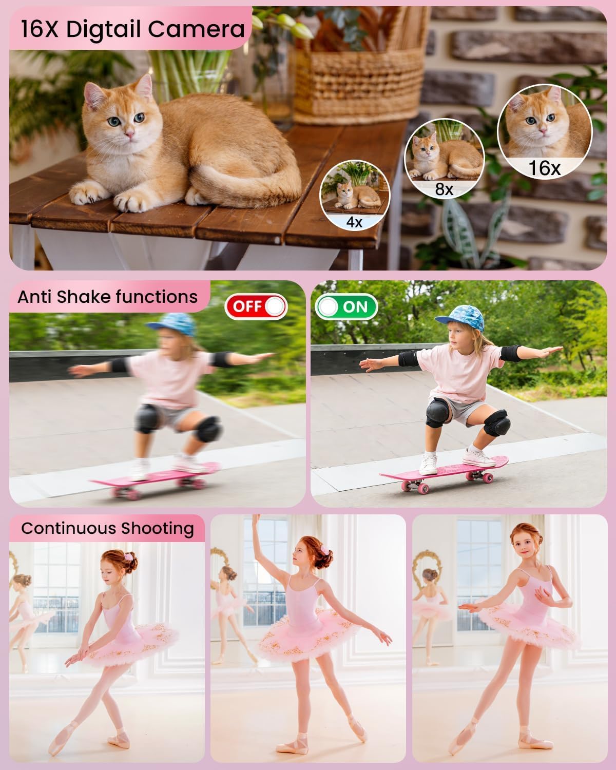 Cámara digital 4K para niños, cámara de vlogging de enfoque automático de 48 MP con tarjeta de 32 GB, zoom de 16X, antivibración, cámara compacta de apuntar y disparar para adolescentes principiantes