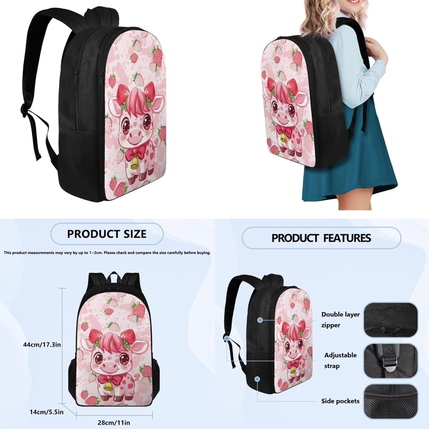 Pink Fruit Cow Backpack for School Girls 3rd Grade Boys Bookbag with Lunch Box Water Bottle Holder and Kawaii Big Pencil Case 4 PCS Sturdy Lightweight Back Packs with Compartment