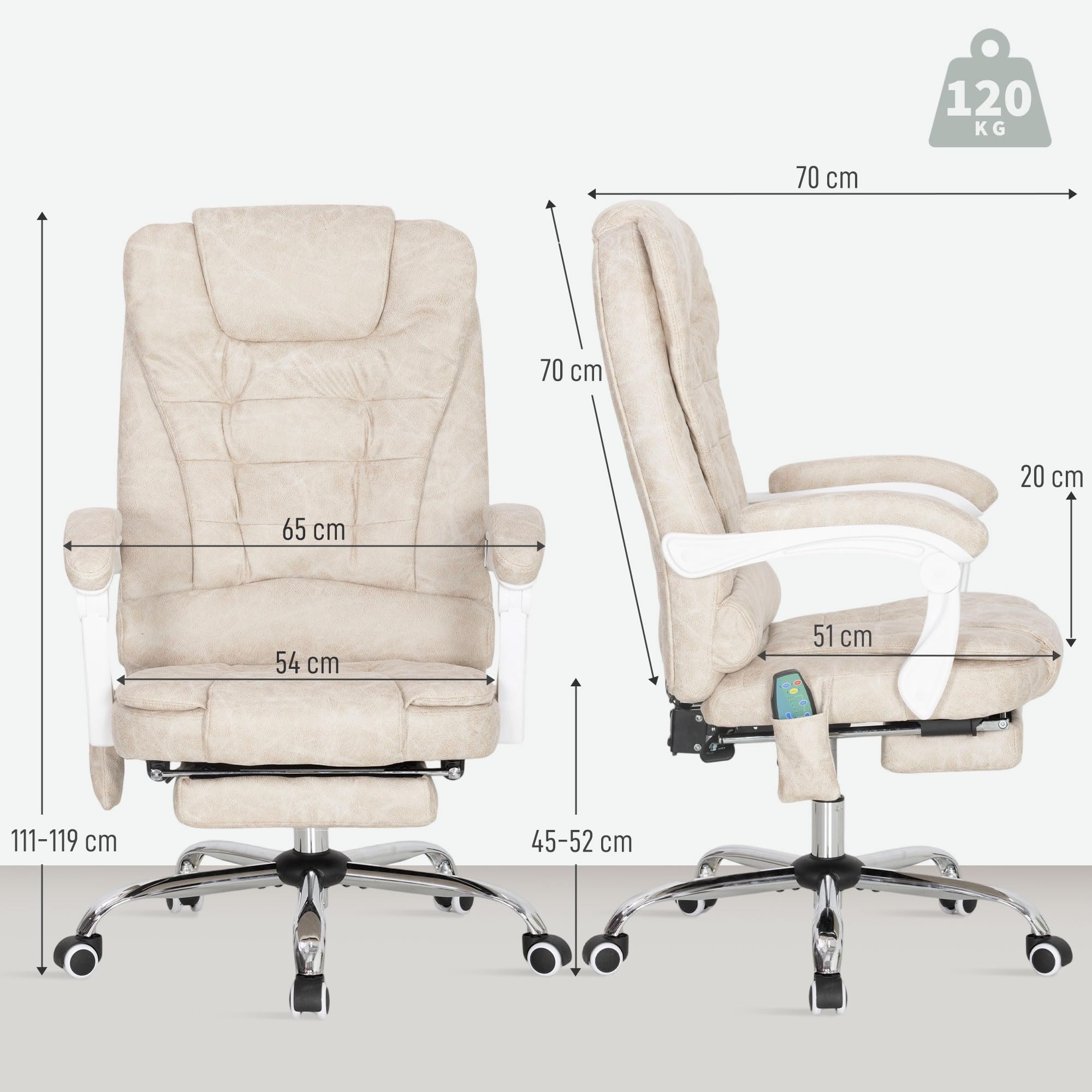 Vinsetto Poltrona da ufficio massaggiante e riscaldante, sedia da ufficio ergonomica con altezza regolabile, schienale reclinabile, poggiapiedi, telecomando cablato, girevole a 360°, tessuto in