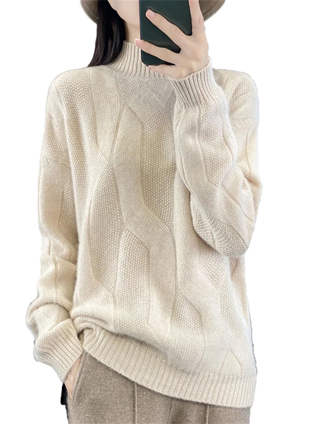 Vogrtcc Maglione da Donna Intrecciato Spesso Pullover Autunno Inverno Lana Collo Finto Cashmere Maglieria