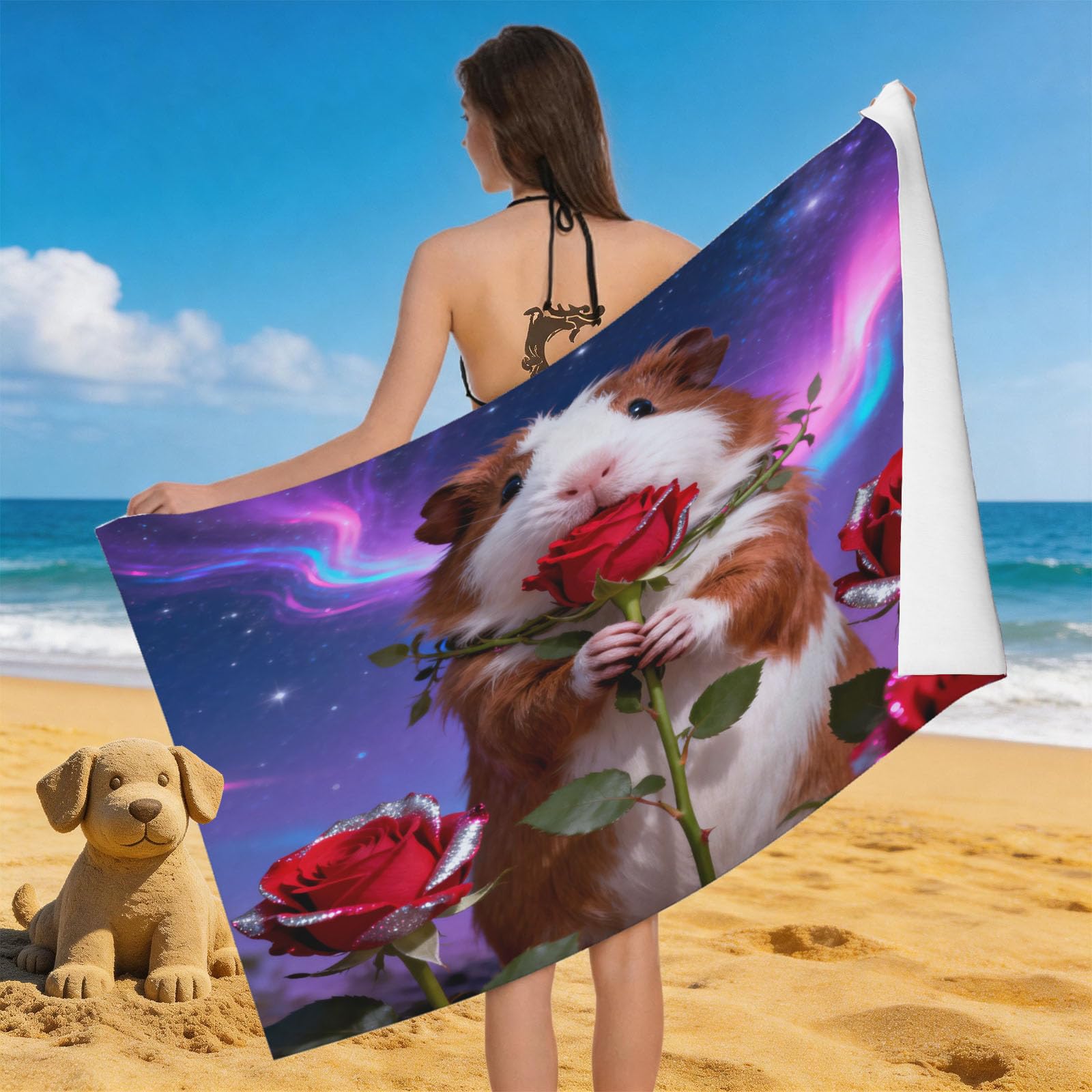 Leichong 3D Guinea Pig Beach Towel Microfiber Soft Quick Dry for Adults, Rose Bath Towel Lightweight Soft Absorbent for Travel Swimming Pool Sports, 75 x 150 cm