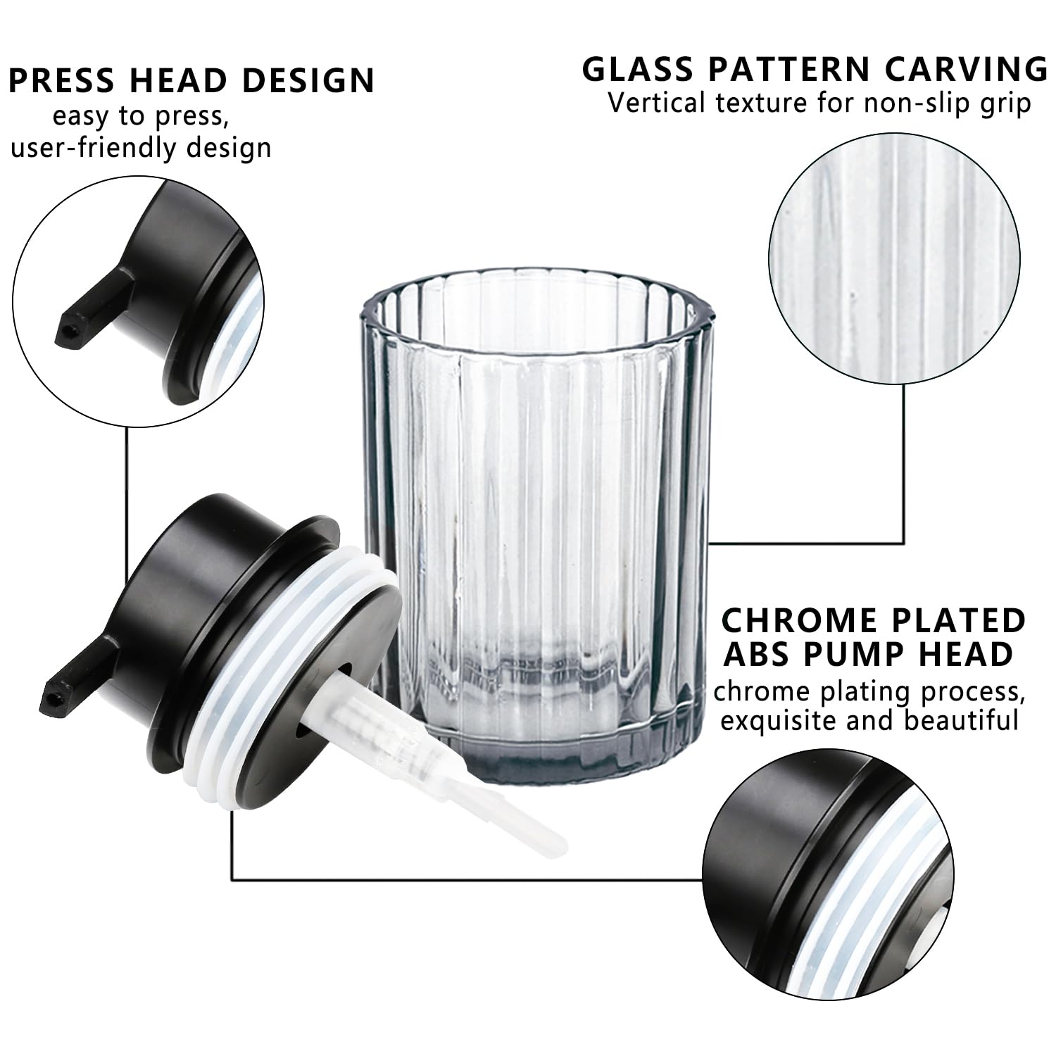 CERBIOR Juego de accesorios de baño, 4 piezas de accesorios de vidrio, incluye dispensador de jabón, soporte para cepillo de dientes, taza para cepillo de dientes, jabonera para encimera decorativa y