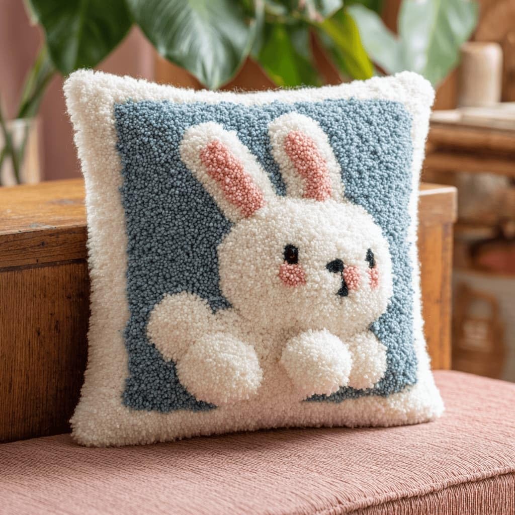 Kitquiver Latch Hook Cushion Kits Rabbit 43X43Cm Latch Hook Pillow Case Kits Embroidery,DIY Needlework Pillow Cover Sofa Cushion Rug Making Kits for Adults and Kids,Craft Kits Home Decor