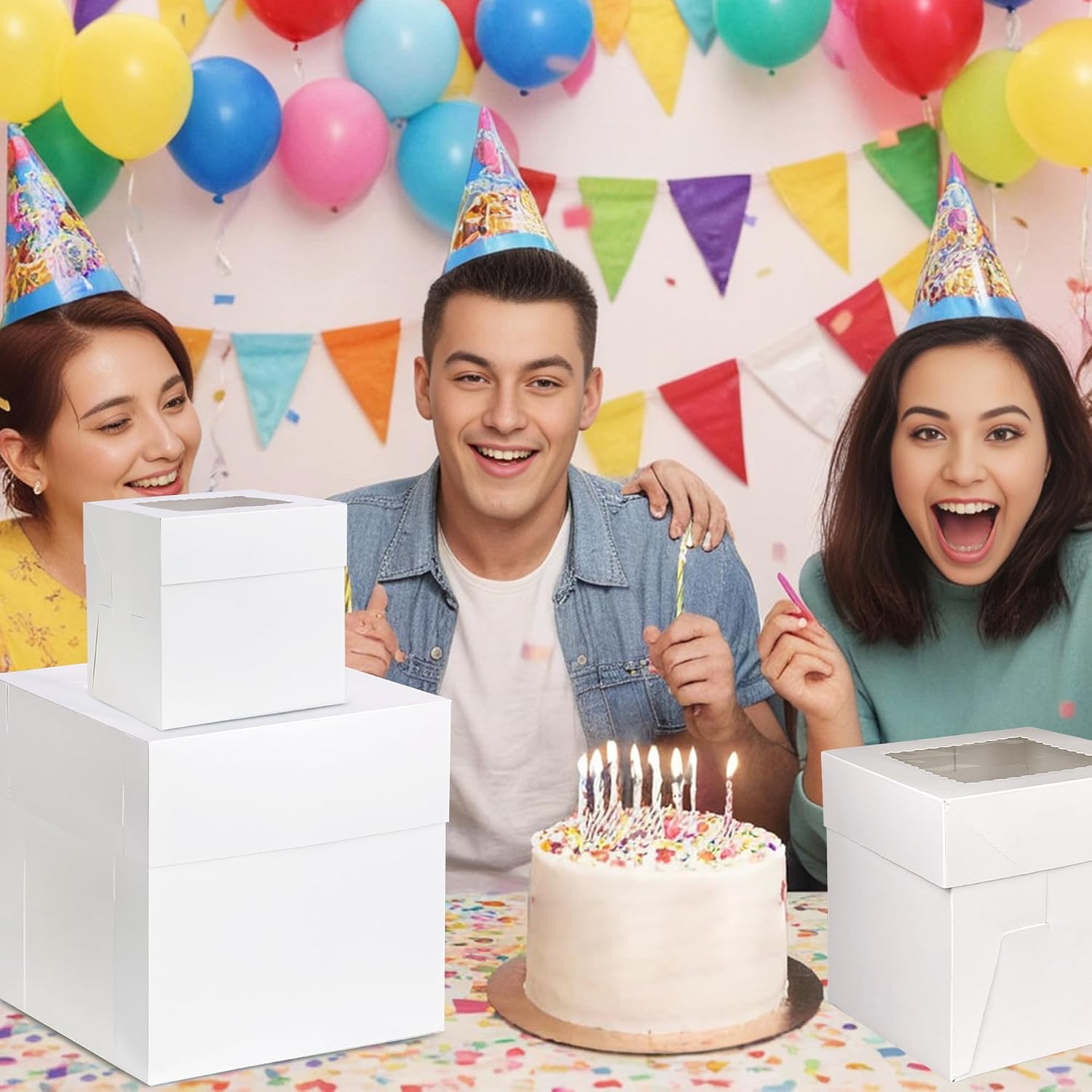 KEEPARTY 15 PCS White Tall Cake Boxes with Window 3 Sizes 12x12x12 10x10x10 8x8x8 Inches Bakery Cake Boxes Square Cake Containers