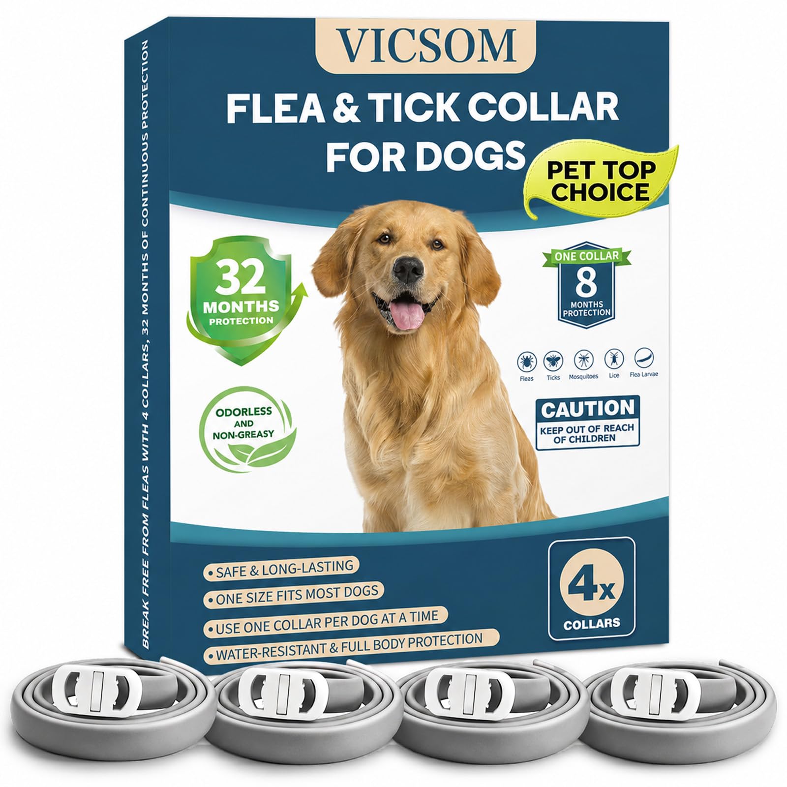 4 Pack Flea Collar for Dogs, 32 Months Flea and Tick Prevention for Dogs