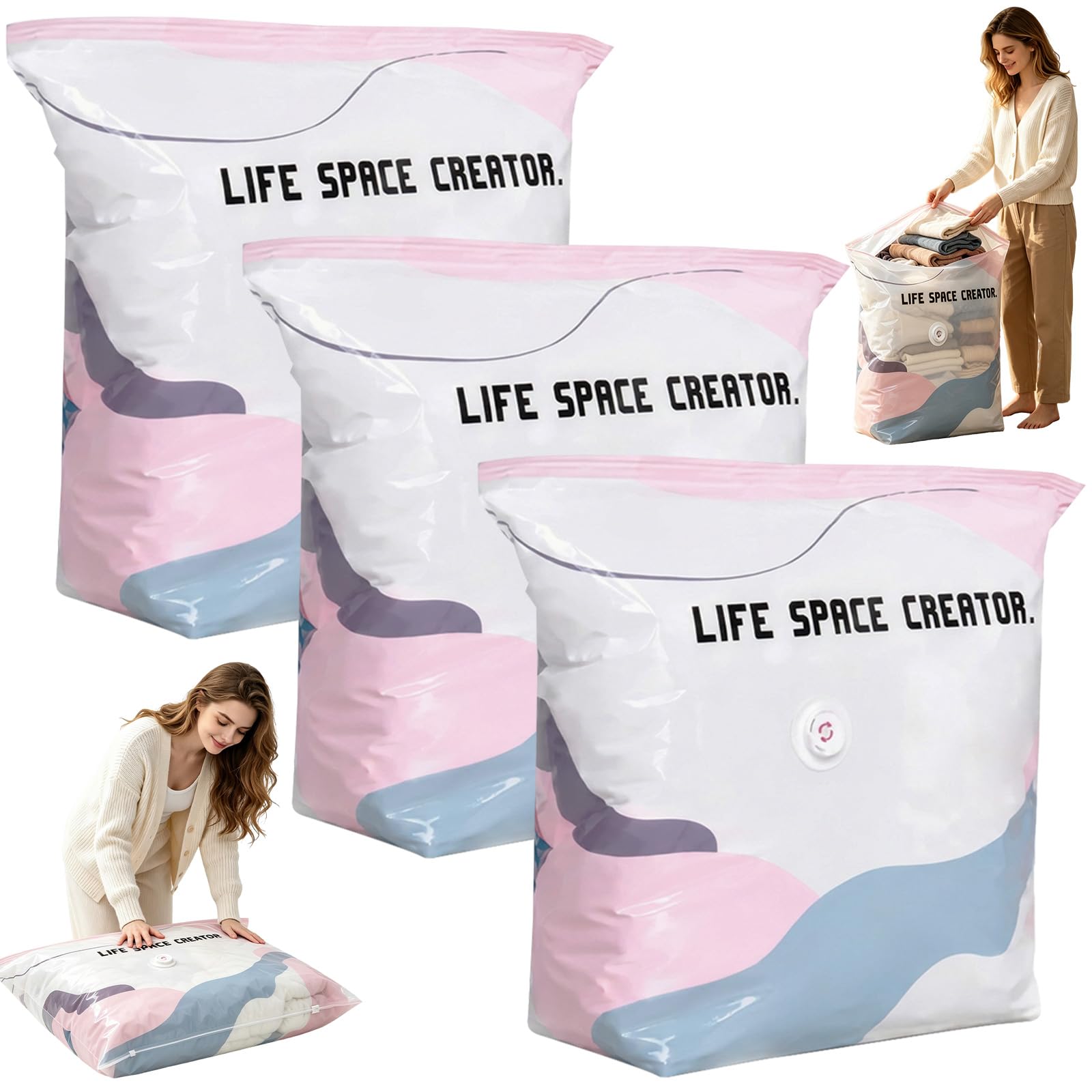 3Pcs No-Pump 3D Vacuum Storage Bags, Press and Seal Saver Compression Bags