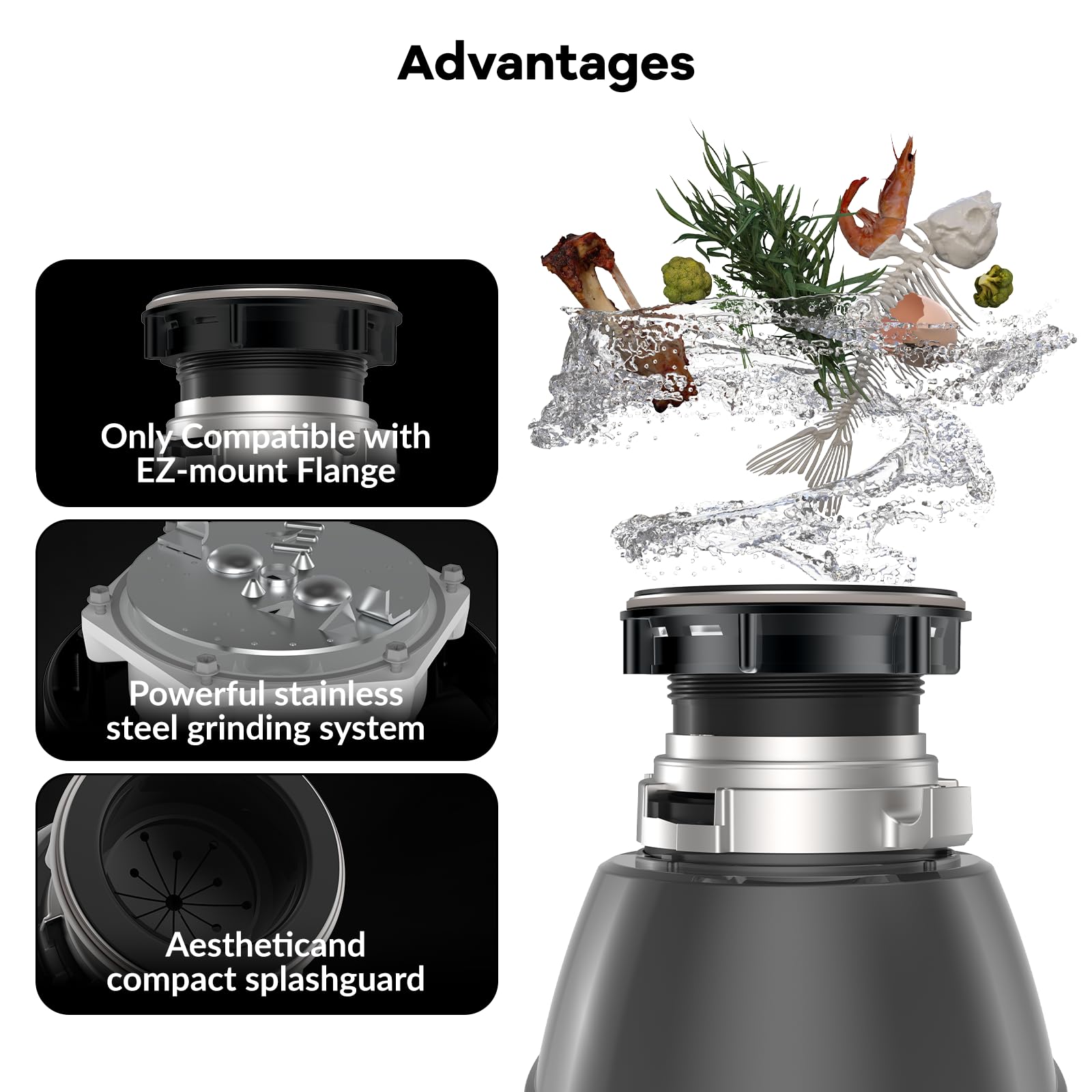GarveeTech Triturador de basura de 1/2 HP, triturador de residuos de alimentos de alimentación continua con interruptor de aire y sello de brida, triturador de basura de acero inoxidable, triturador