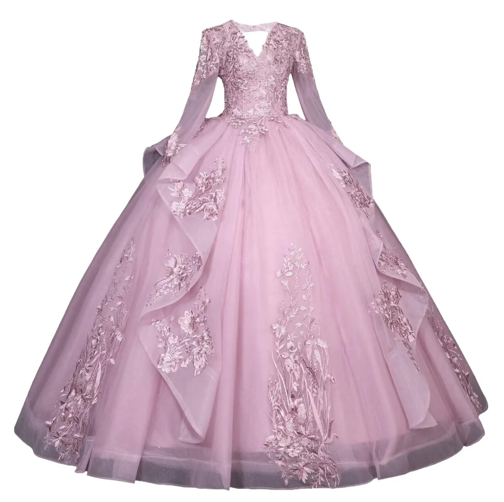 Wcyzvc Long Sleeve Quinceanera Dresses Layered Lace Appliques Ball Gowns for Women V-Neck Beaded Sweet 16 Dresses